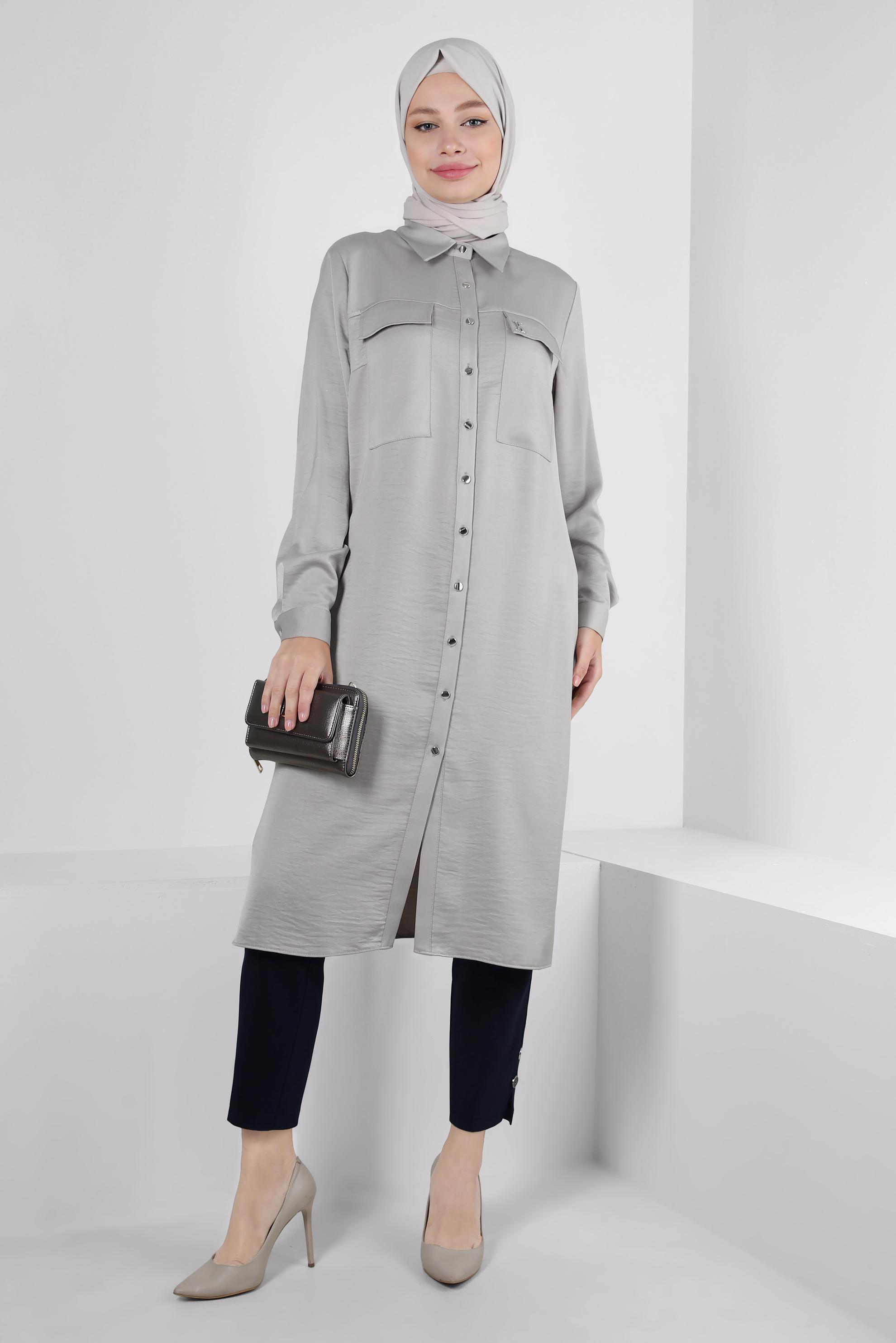 Tesettür giyim BEJ GÖMLEK YAKA DÜĞMELİ TUNİK 43858