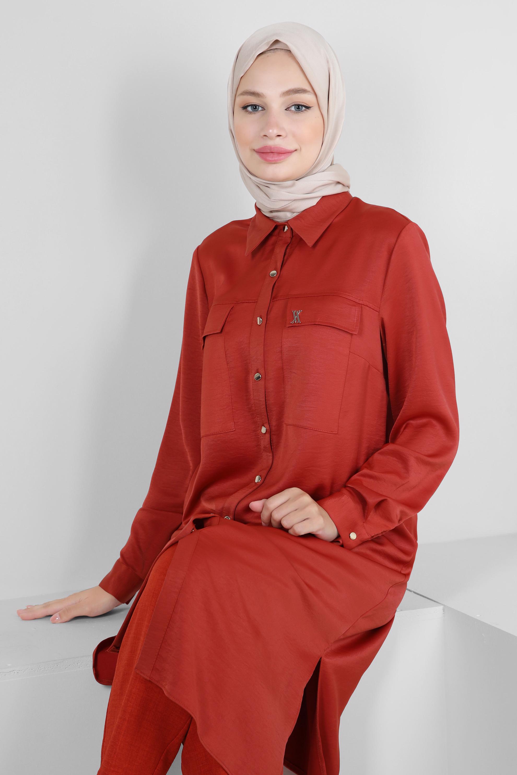 Tesettür giyim KAHVE GÖMLEK YAKA DÜĞMELİ TUNİK 43858