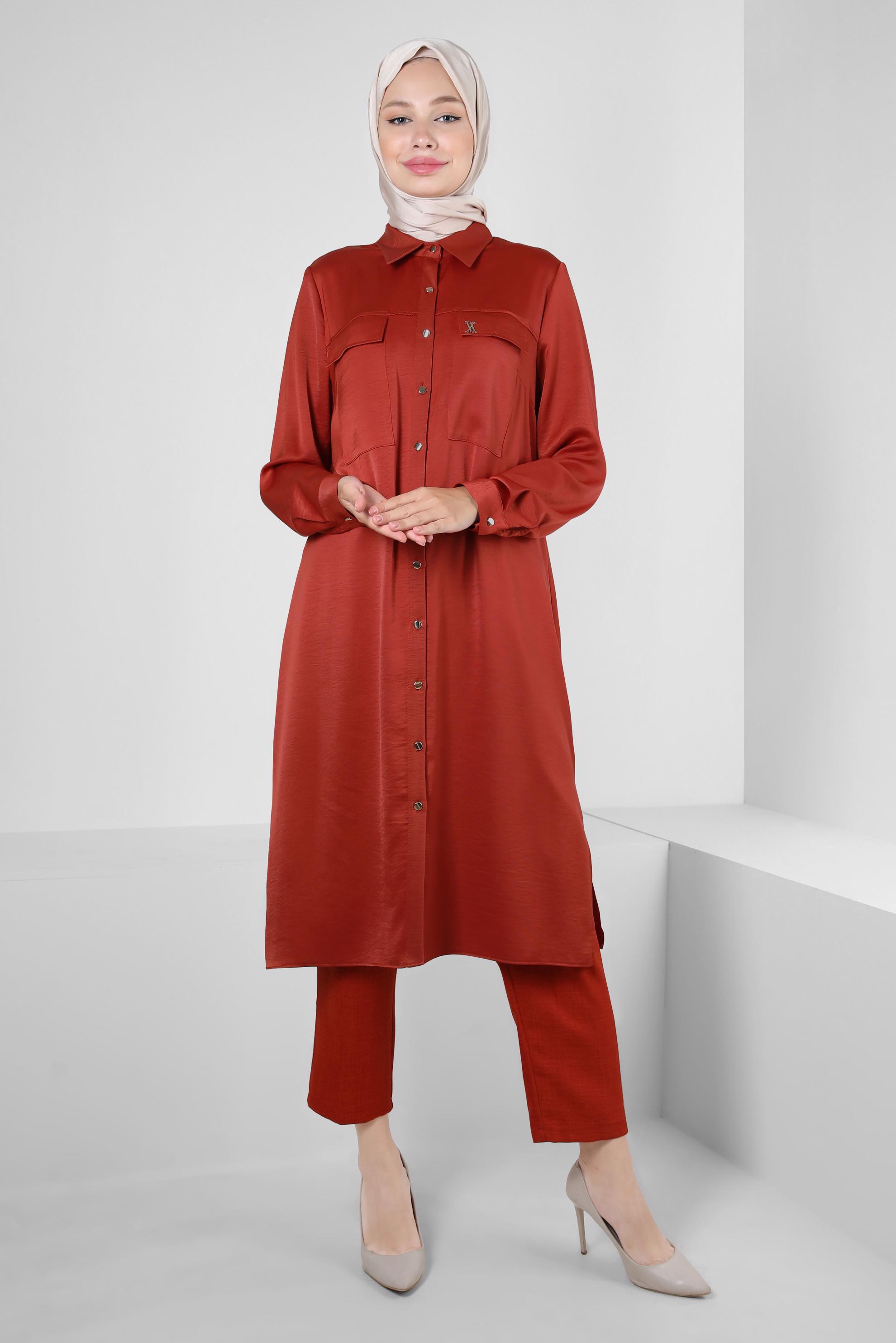 Tesettür giyim KAHVE GÖMLEK YAKA DÜĞMELİ TUNİK 43858