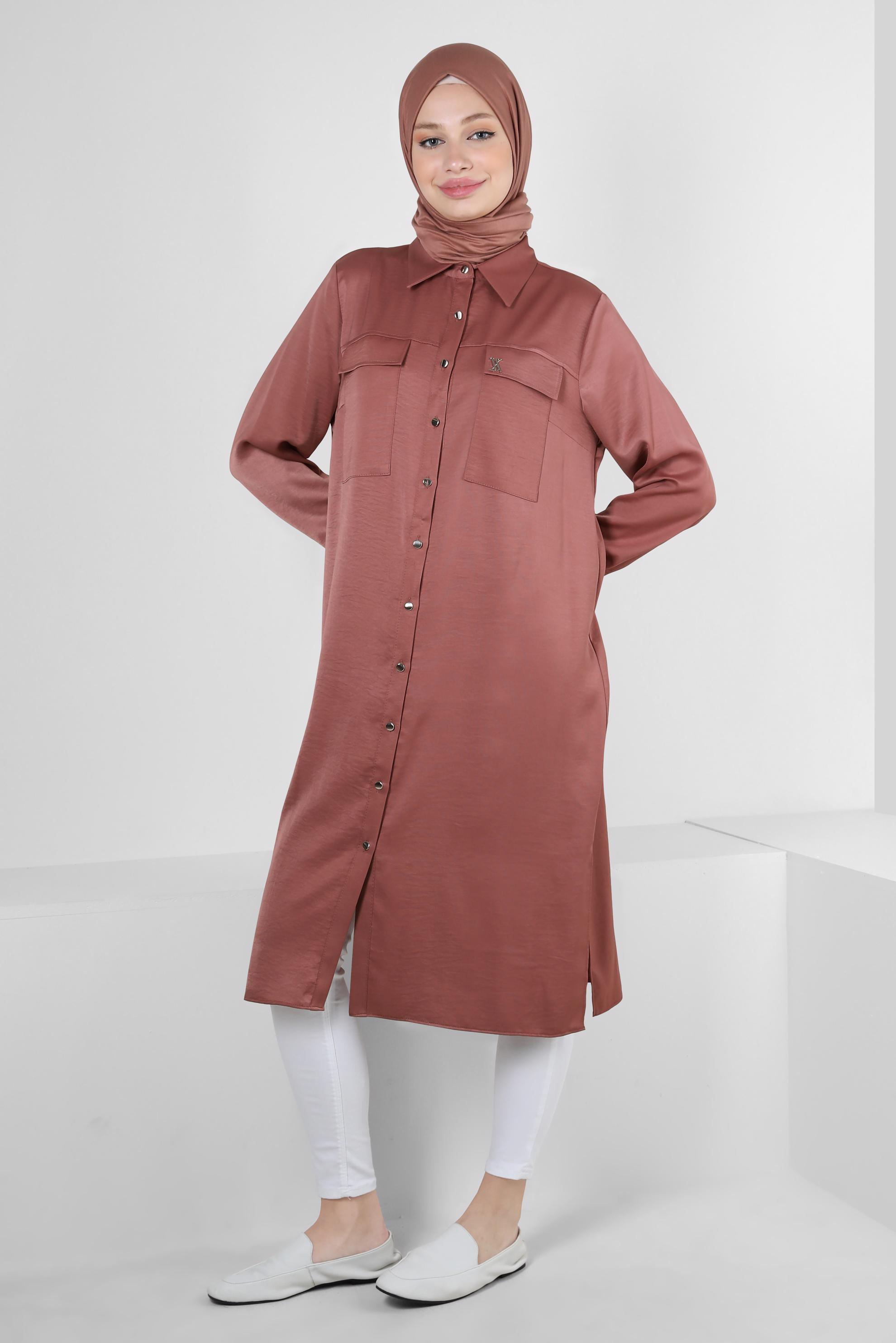 Tesettür giyim PEMBE GÖMLEK YAKA DÜĞMELİ TUNİK 43858
