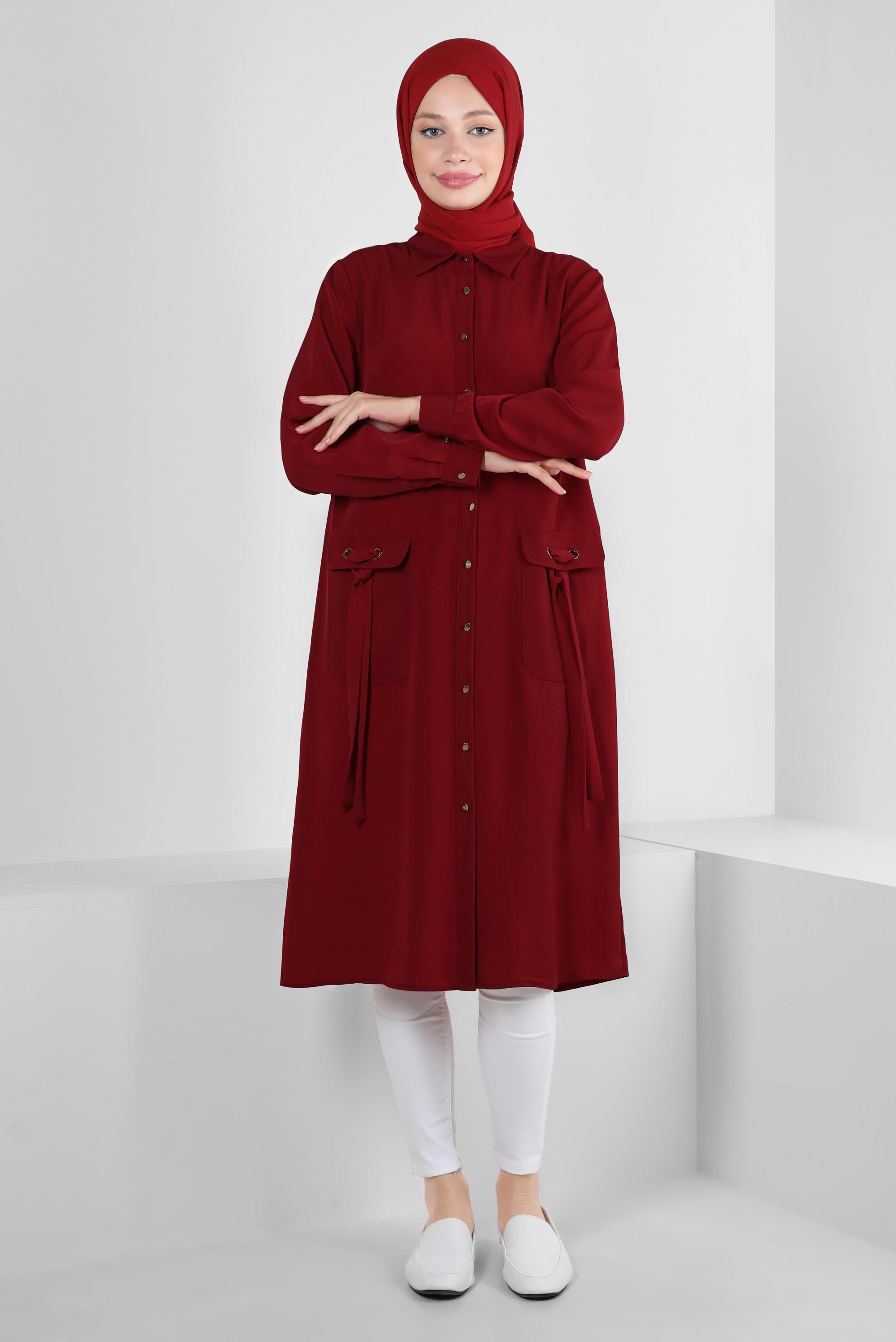 Tesettür giyim BORDO DÜĞMELİ BAĞCIK DETAYLI TUNİK 43859