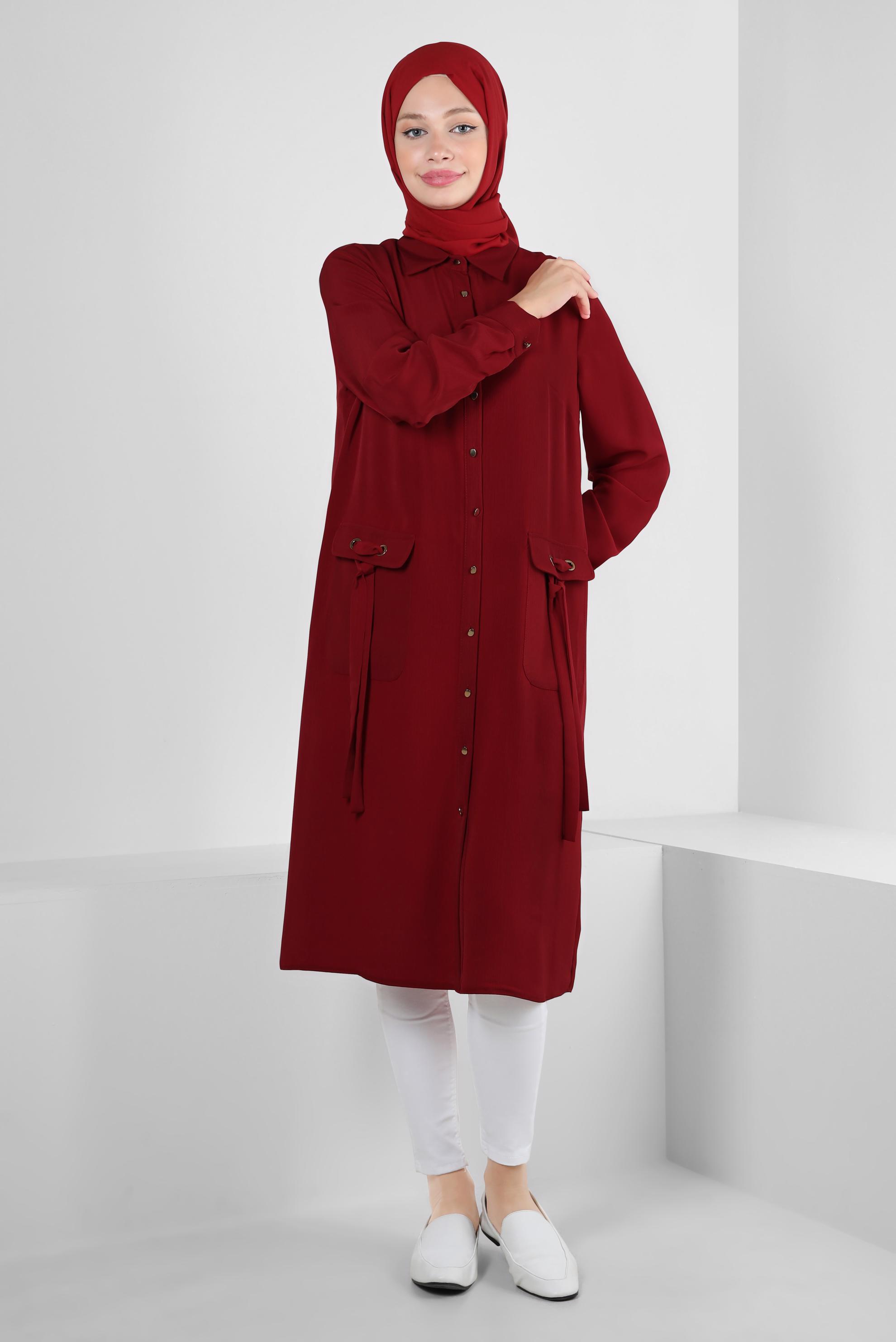 Tesettür giyim BORDO DÜĞMELİ BAĞCIK DETAYLI TUNİK 43859