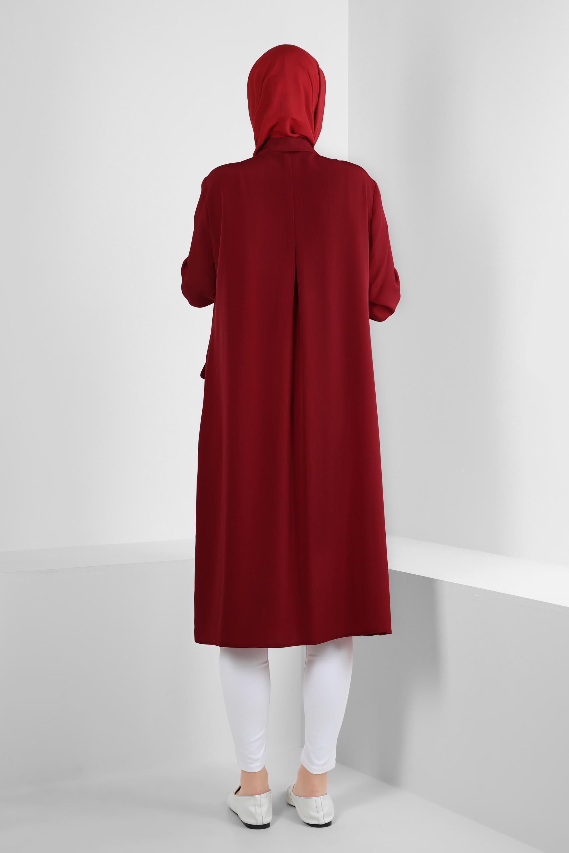 Tesettür giyim BORDO DÜĞMELİ BAĞCIK DETAYLI TUNİK 43859