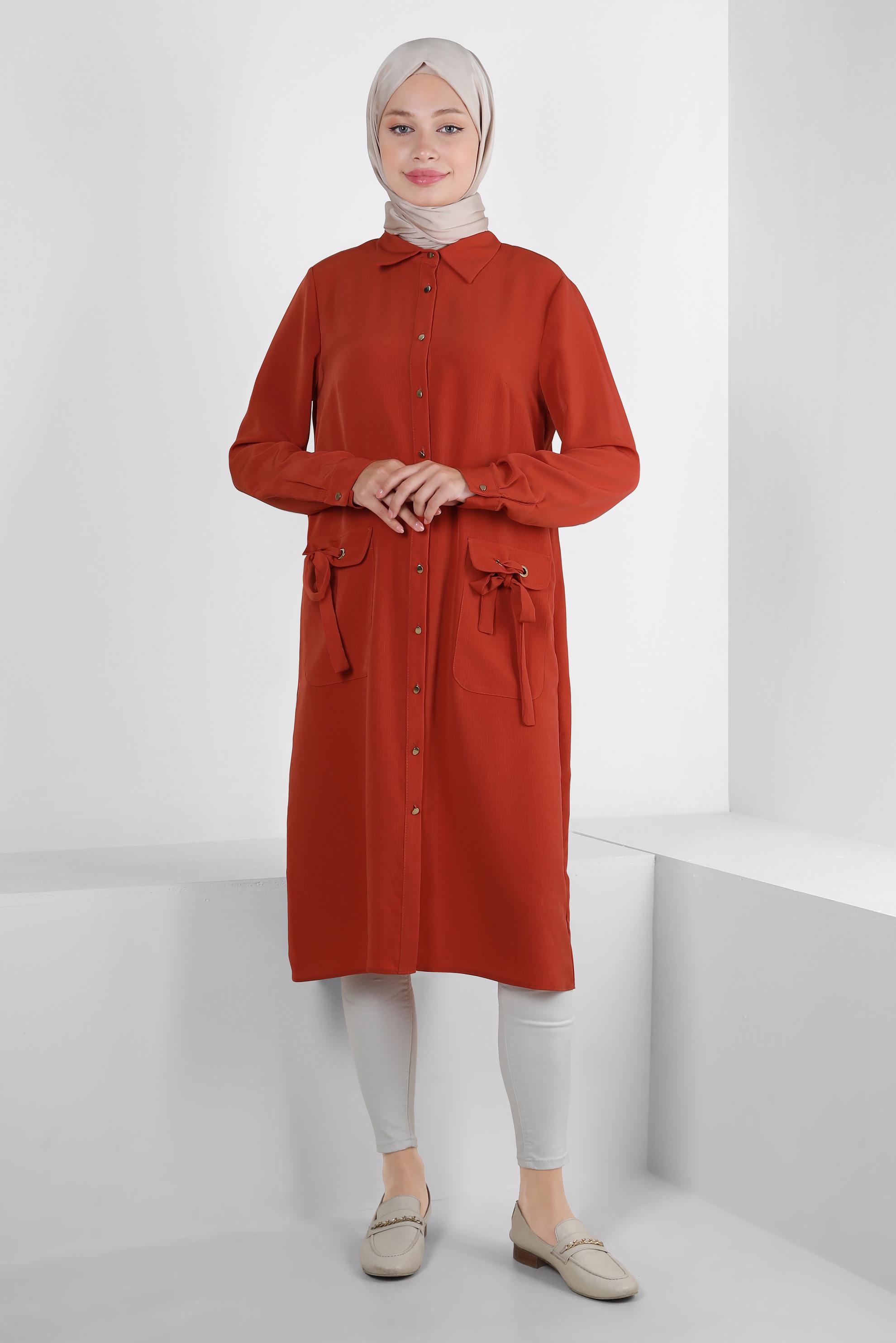 Tesettür giyim TURUNCU DÜĞMELİ BAĞCIK DETAYLI TUNİK 43859