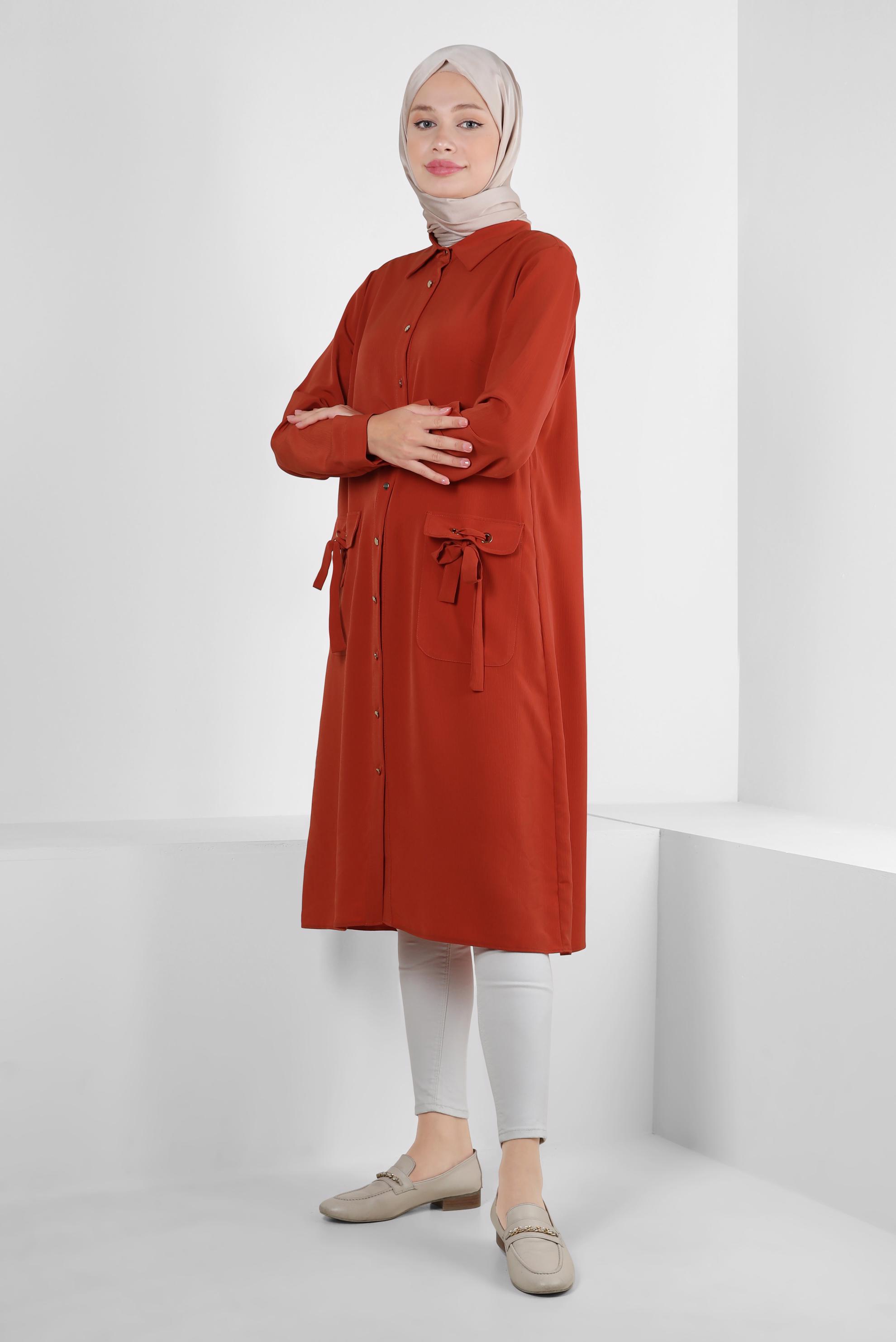 Tesettür giyim TURUNCU DÜĞMELİ BAĞCIK DETAYLI TUNİK 43859