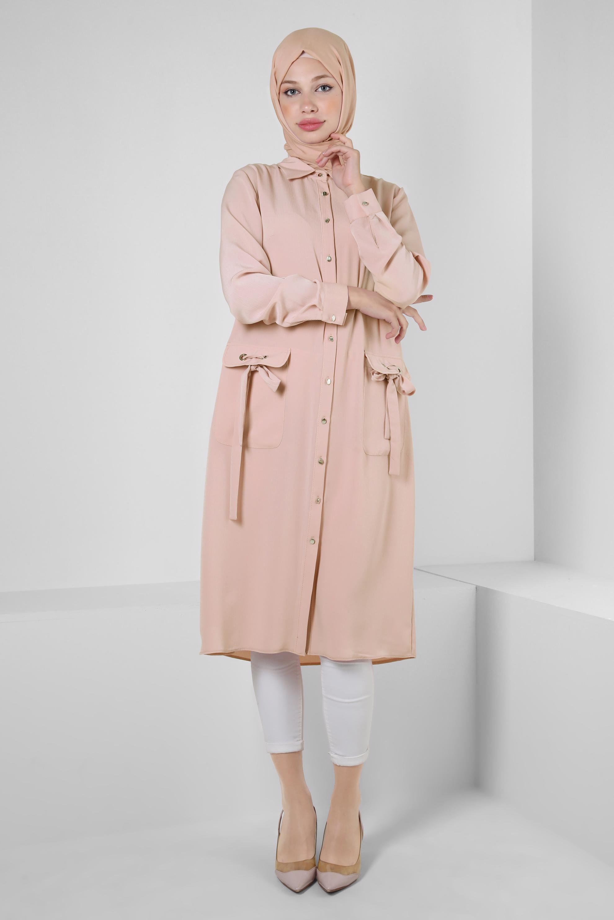 Tesettür giyim PUDRA DÜĞMELİ BAĞCIK DETAYLI TUNİK 43859