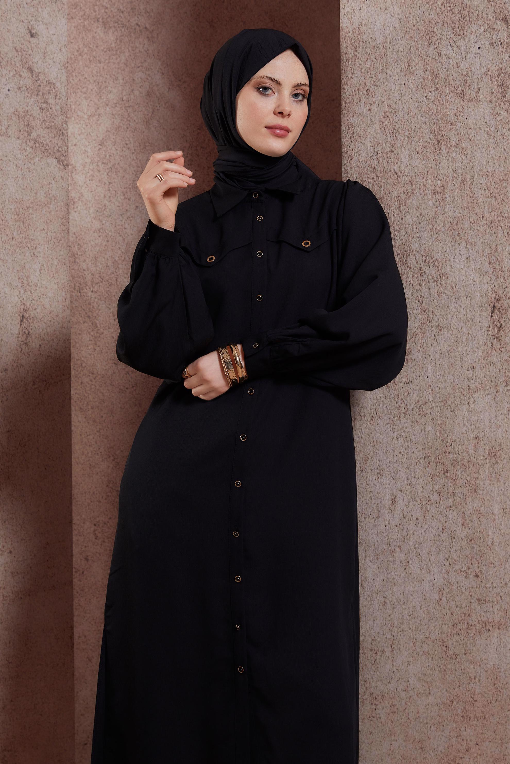 Tesettür giyim SİYAH GÖMLEK YAKA UZUN TUNİK 43860