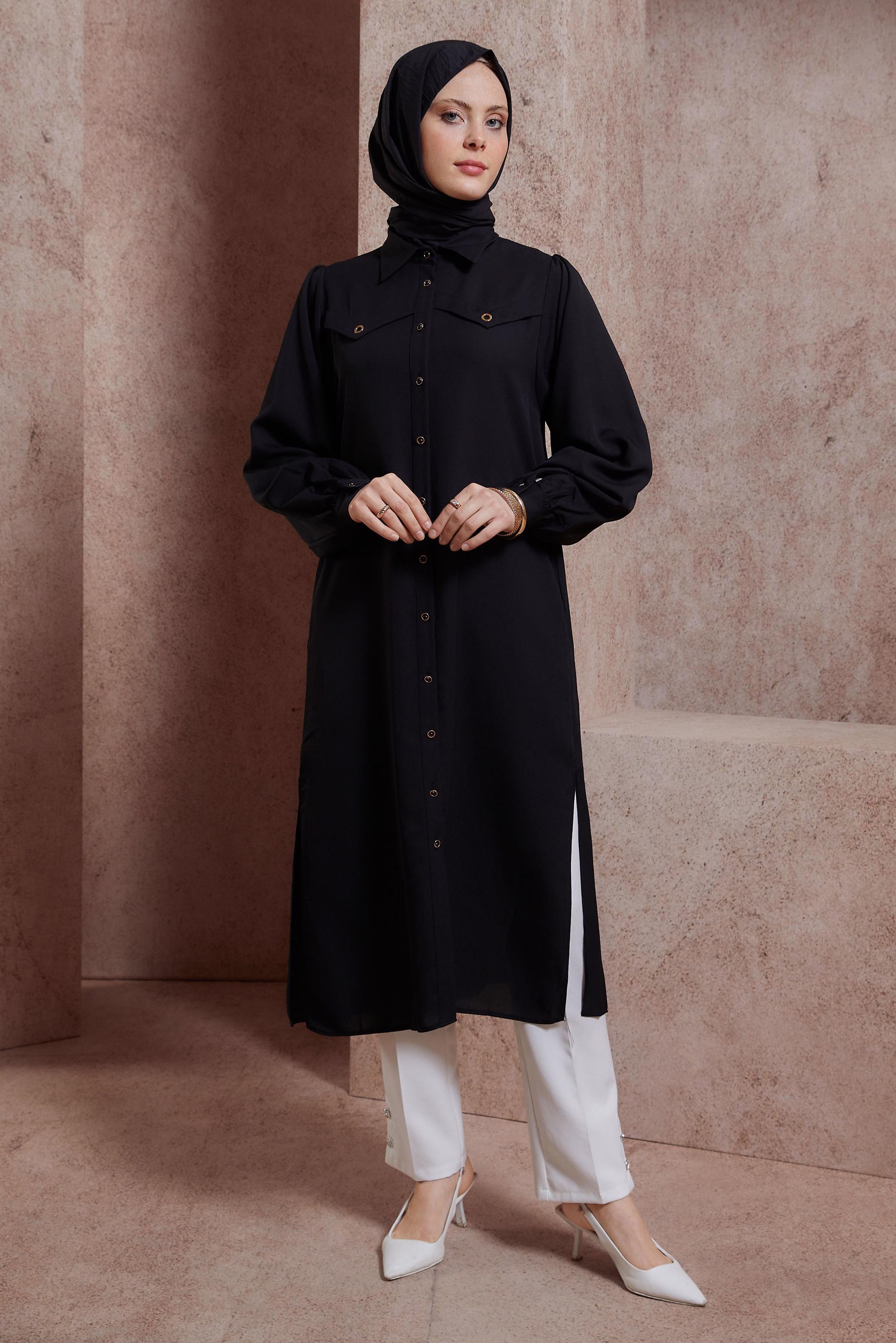 Tesettür giyim SİYAH GÖMLEK YAKA UZUN TUNİK 43860