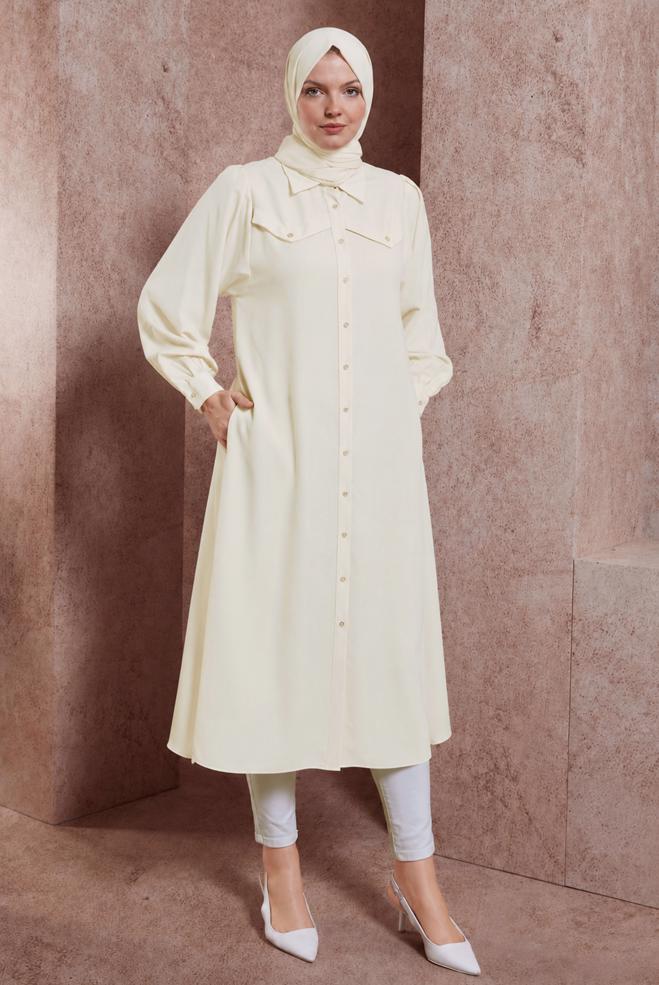 Vêtements hijab BLANC TUNIQUE LONGUE COL CHEMISE 43860 - ALVİNA