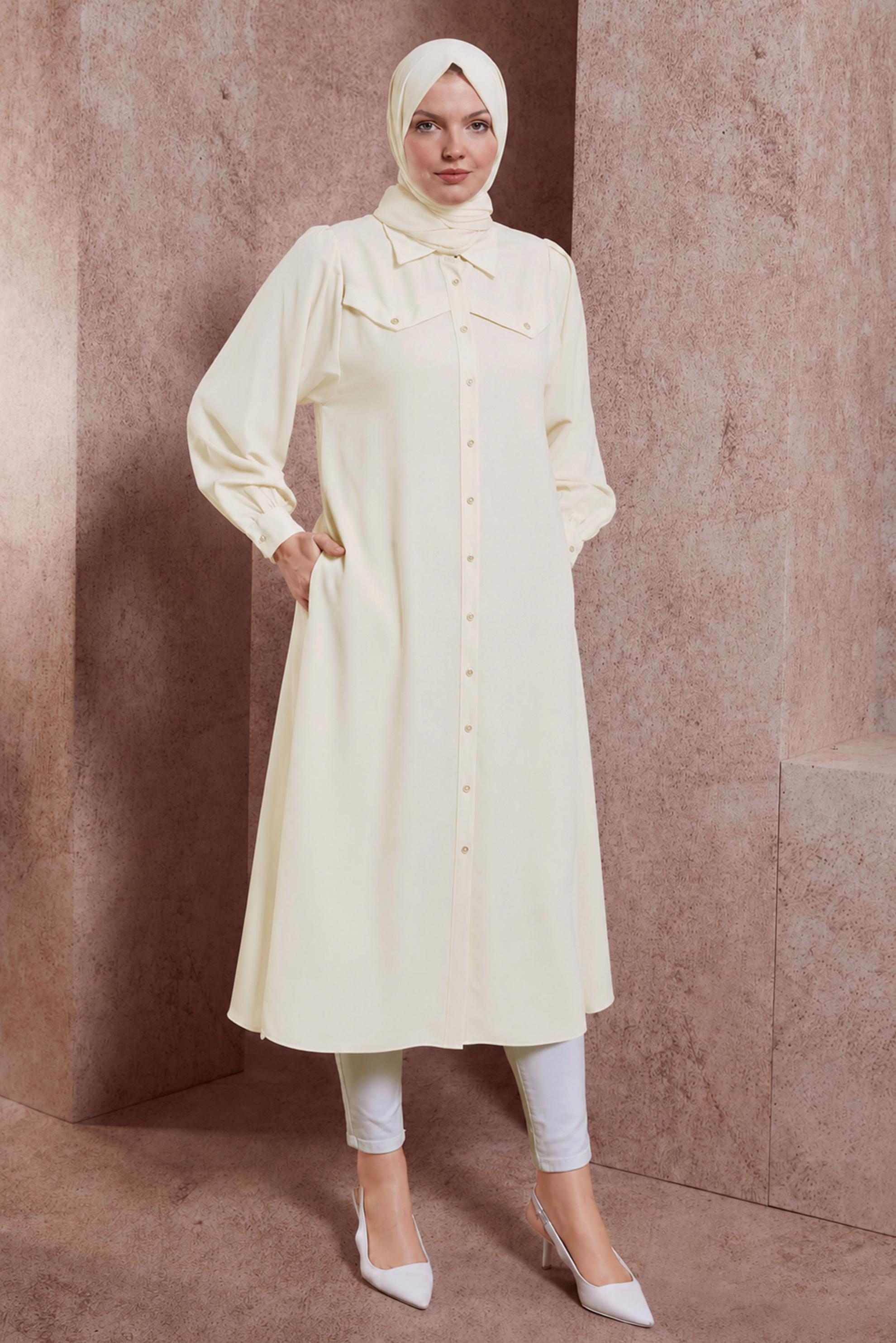 Vêtements hijab BLANC TUNIQUE LONGUE COL CHEMISE 43860