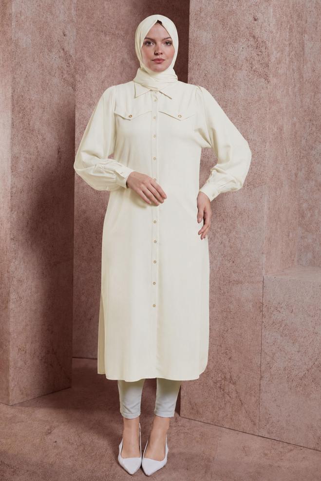 Vêtements hijab BLANC TUNIQUE LONGUE COL CHEMISE 43860 - ALVİNA
