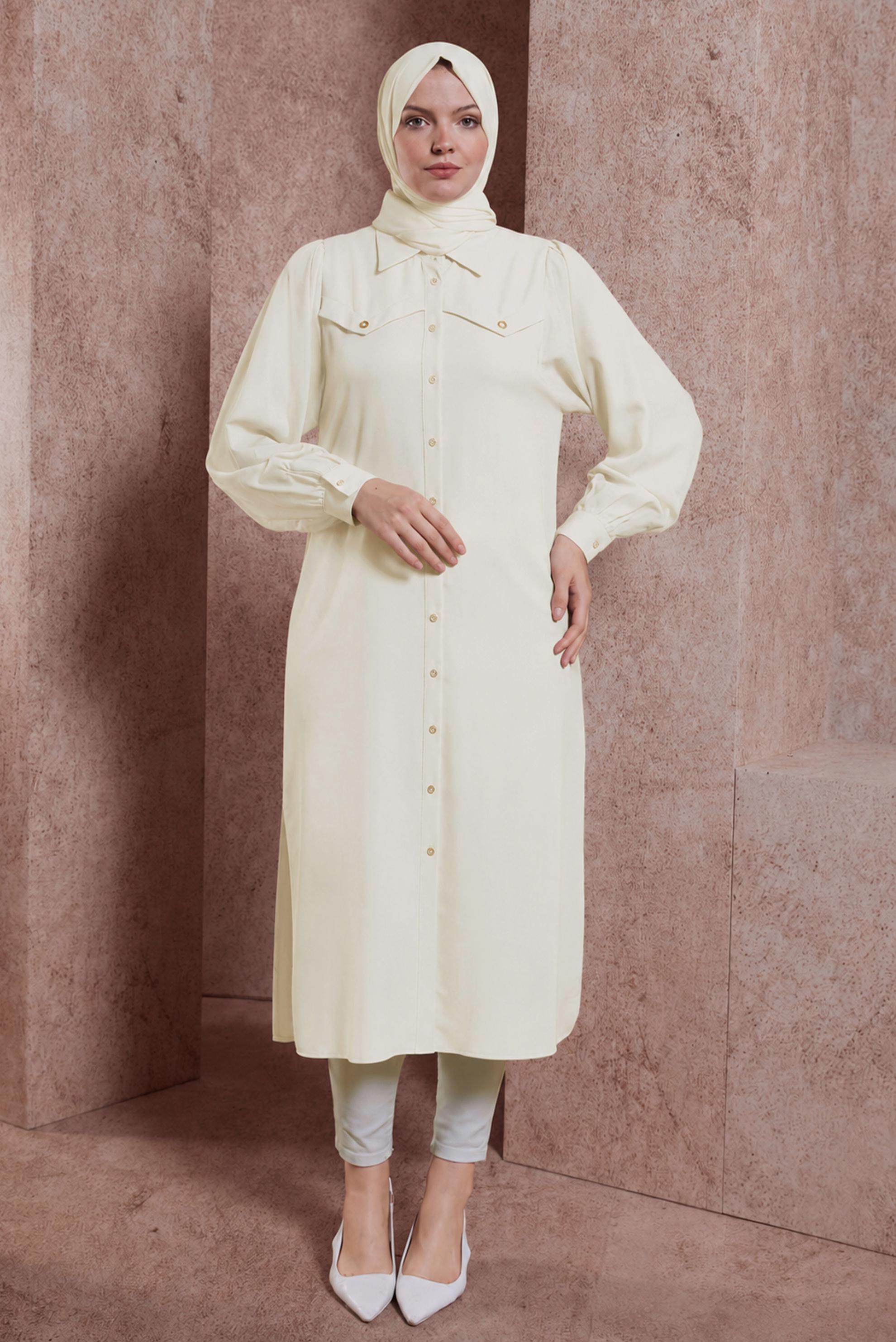 Vêtements hijab BLANC TUNIQUE LONGUE COL CHEMISE 43860