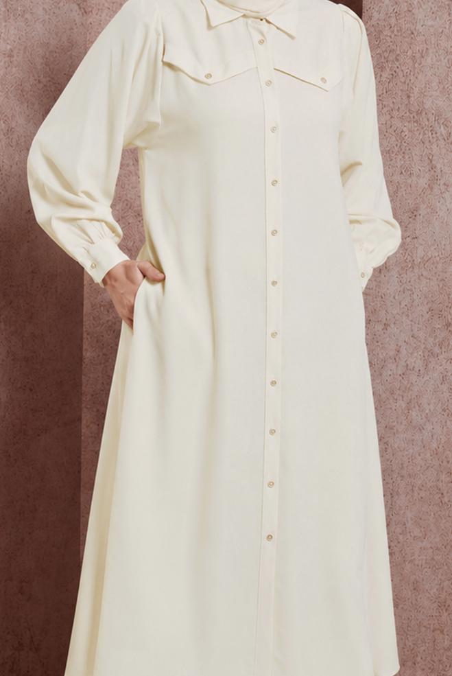 Vêtements hijab BLANC TUNIQUE LONGUE COL CHEMISE 43860 - ALVİNA