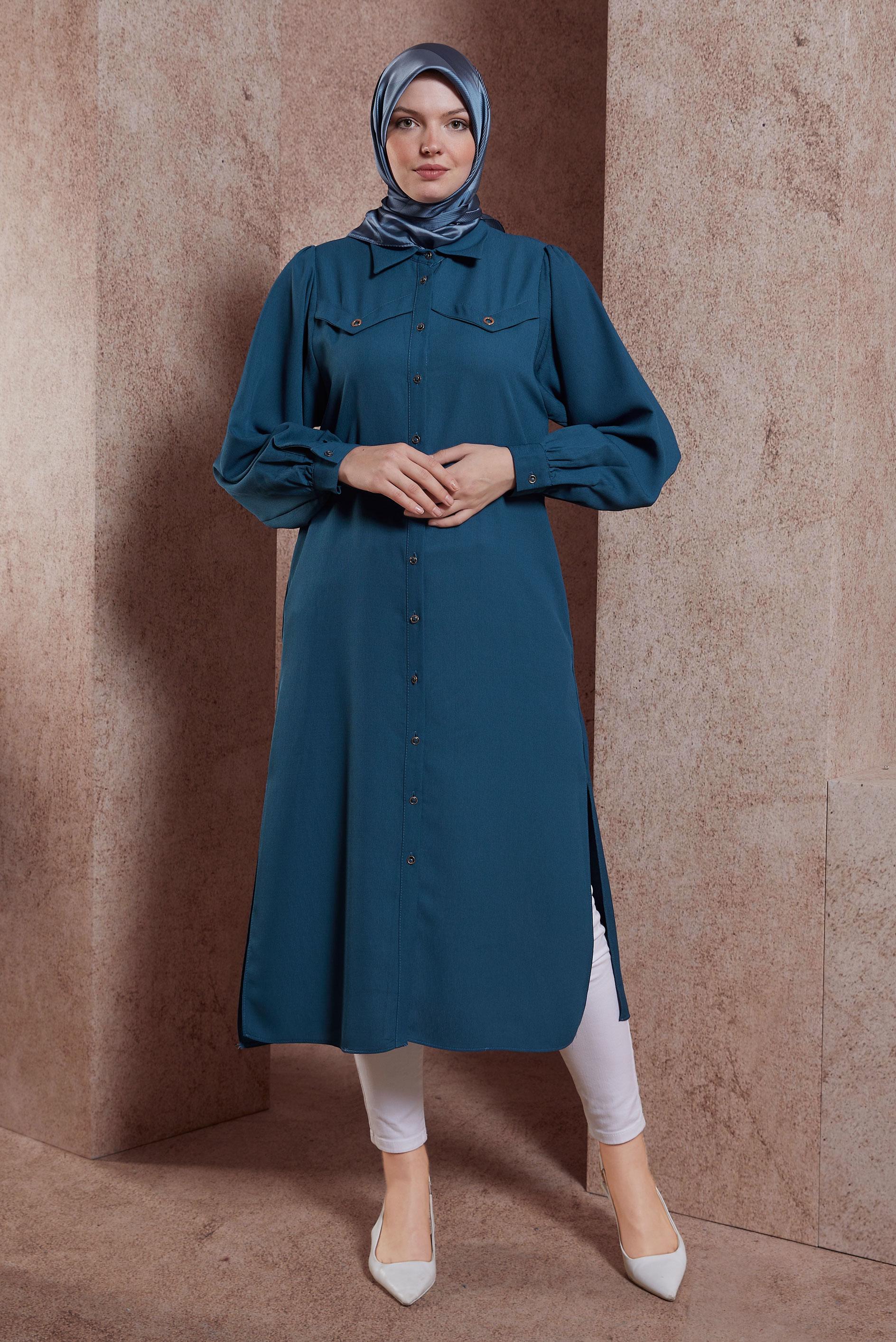Tesettür giyim LACİVERT GÖMLEK YAKA UZUN TUNİK 43860