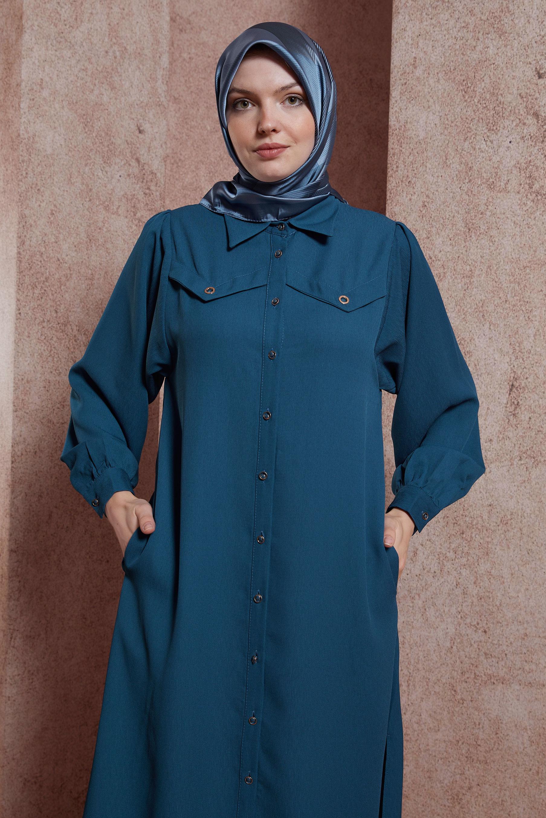 Tesettür giyim LACİVERT GÖMLEK YAKA UZUN TUNİK 43860