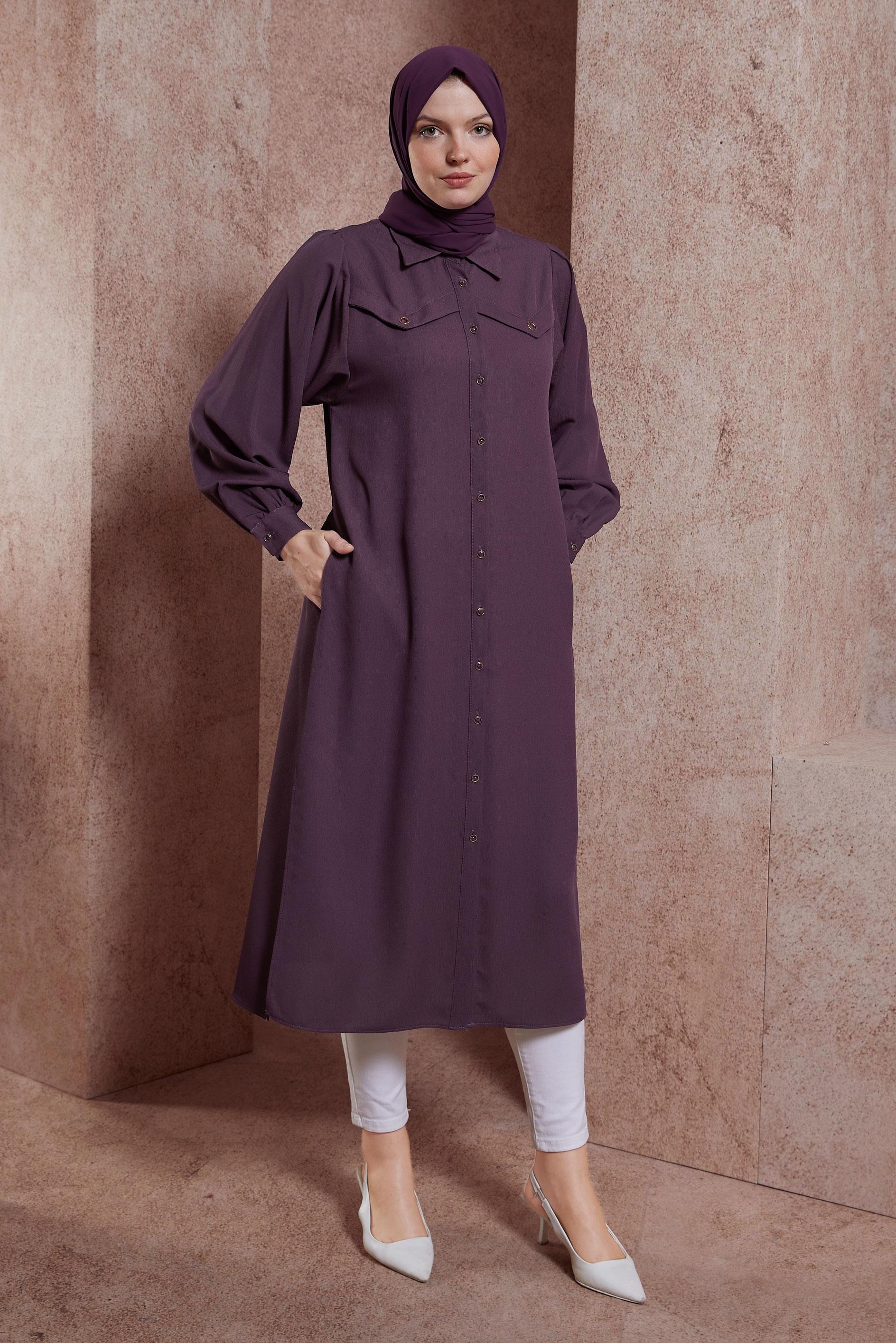Tesettür giyim MOR GÖMLEK YAKA UZUN TUNİK 43860