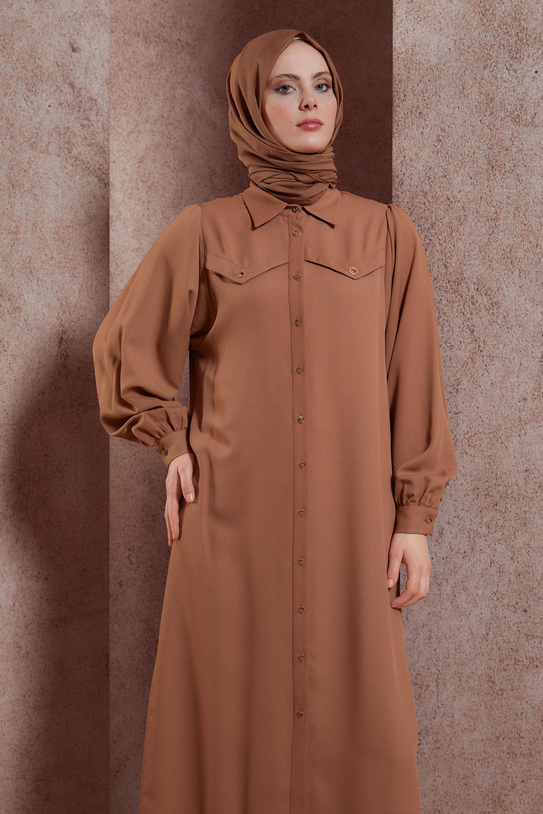 Tesettür giyim KAHVE GÖMLEK YAKA UZUN TUNİK 43860
