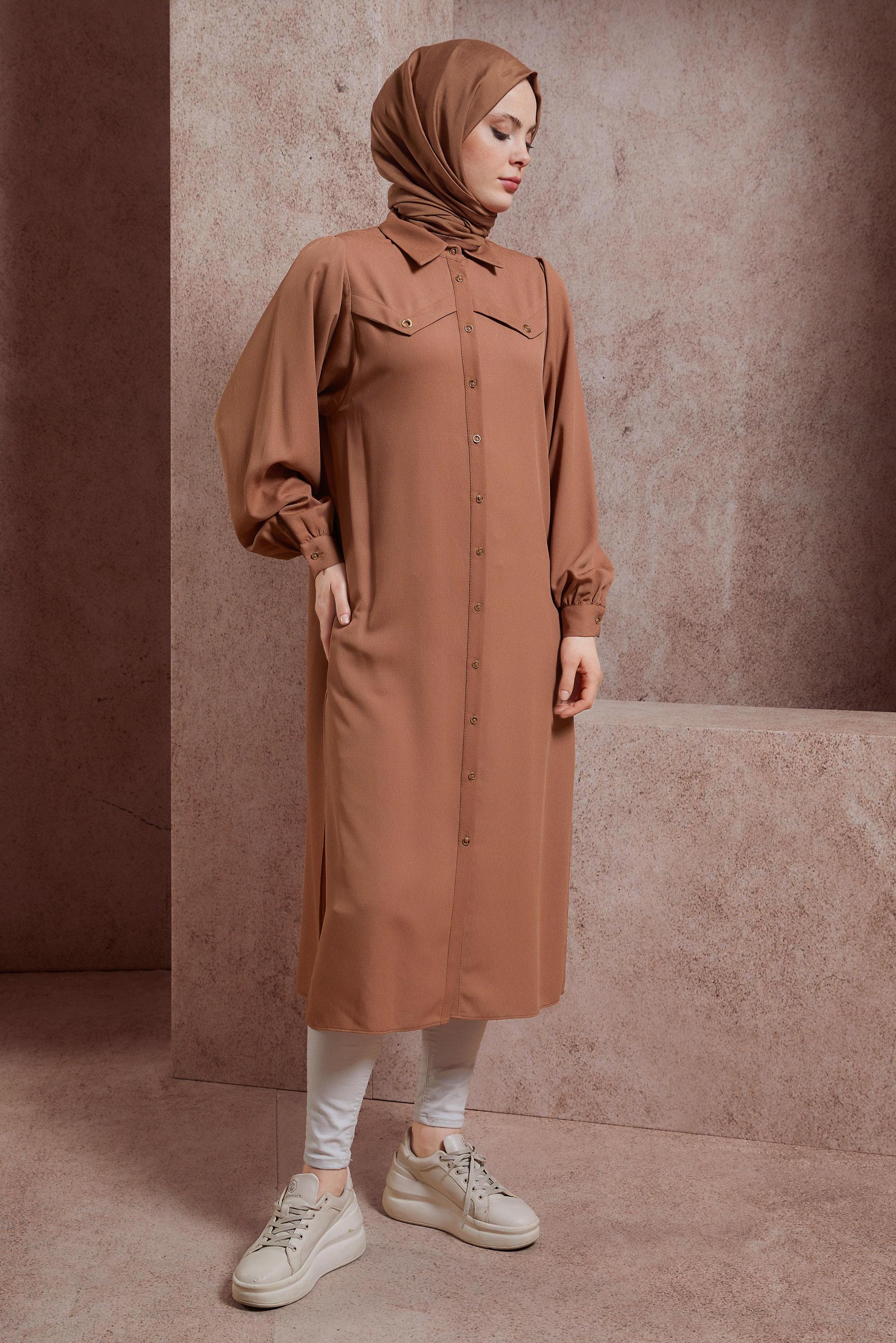 Tesettür giyim KAHVE GÖMLEK YAKA UZUN TUNİK 43860