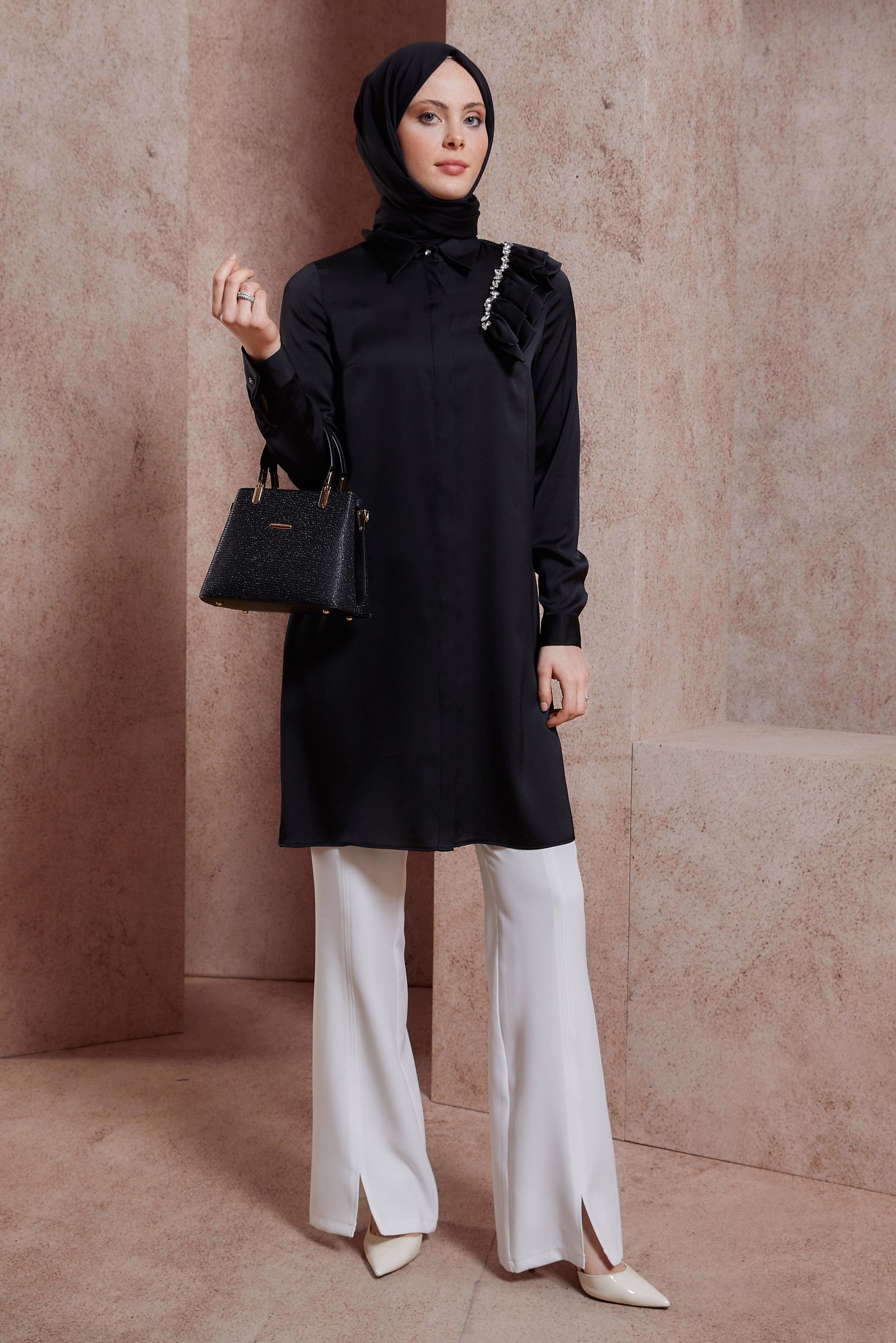 Tesettür giyim SİYAH FIRFIR DETAYLI SATEN TUNİK 43868