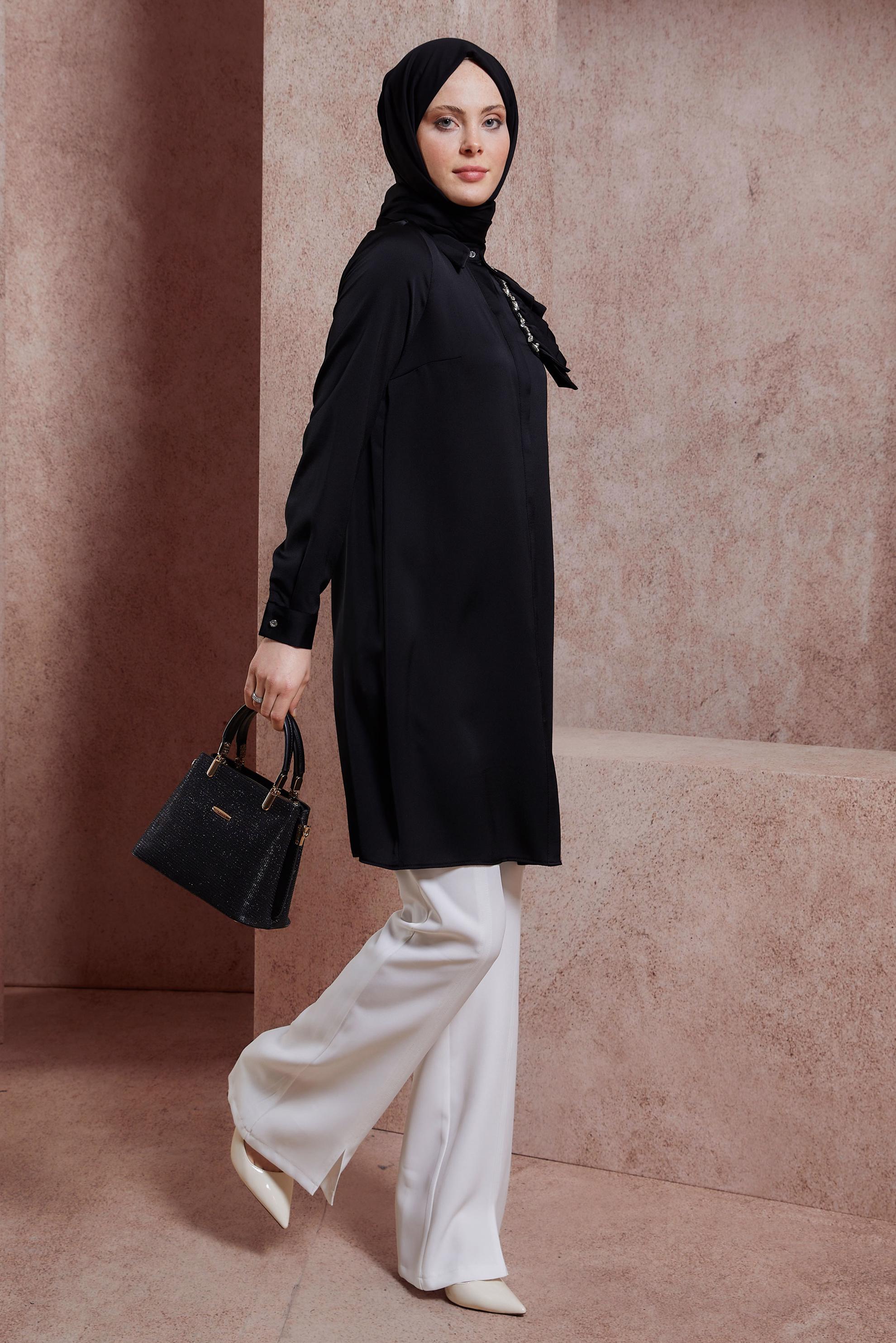 Tesettür giyim SİYAH FIRFIR DETAYLI SATEN TUNİK 43868