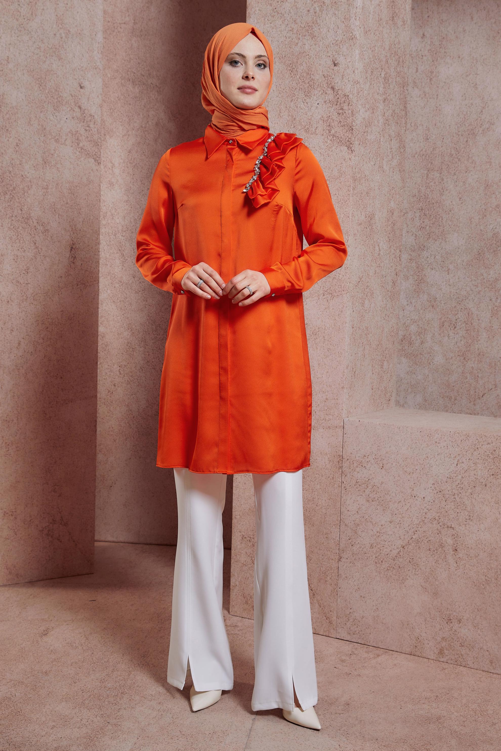 Tesettür giyim TURUNCU FIRFIR DETAYLI SATEN TUNİK 43868