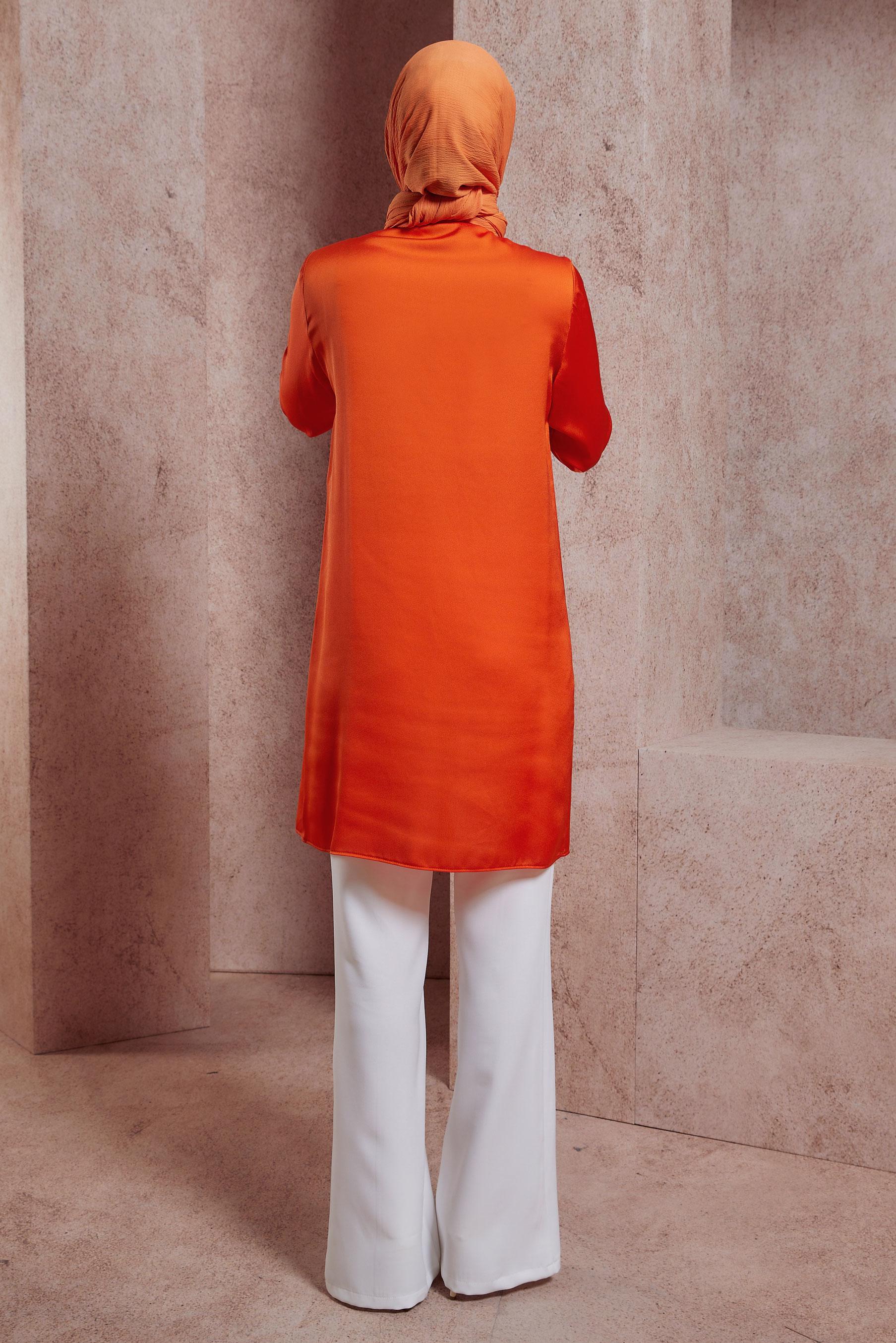 Tesettür giyim TURUNCU FIRFIR DETAYLI SATEN TUNİK 43868