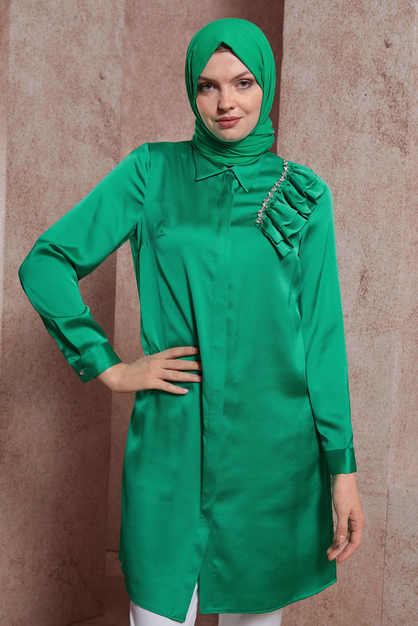 Tesettür giyim YEŞİL FIRFIR DETAYLI SATEN TUNİK 43868