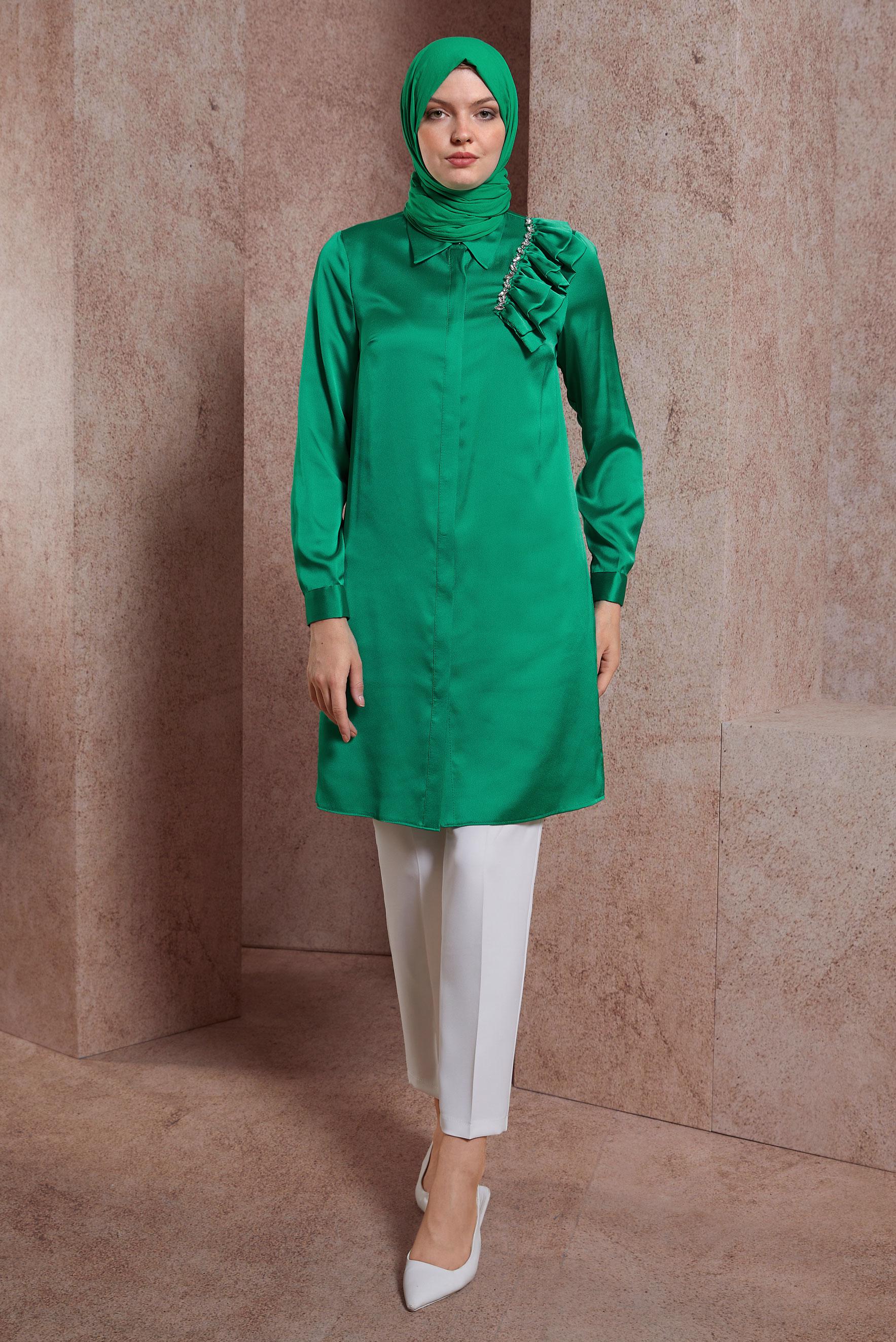 Tesettür giyim YEŞİL FIRFIR DETAYLI SATEN TUNİK 43868