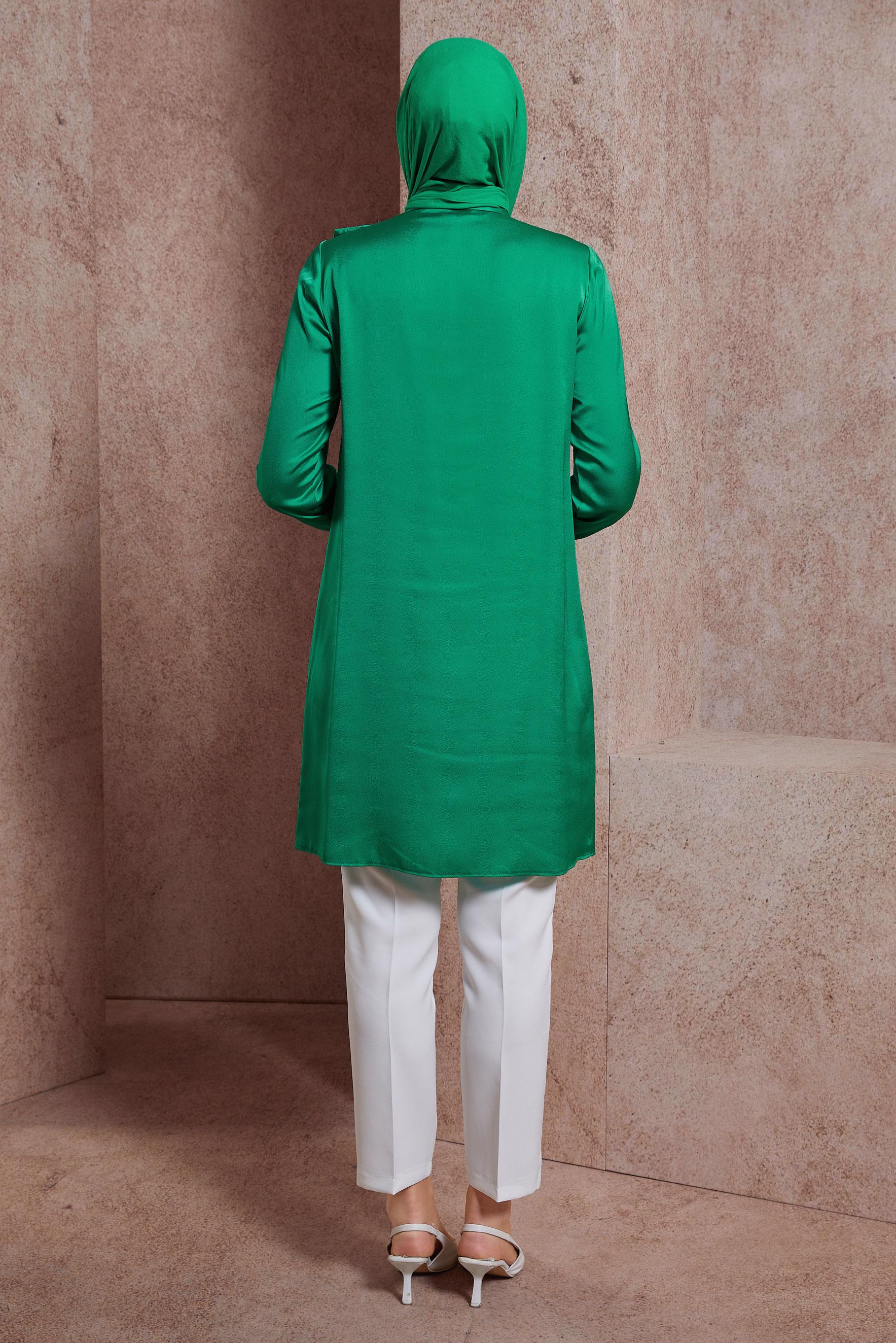 Tesettür giyim YEŞİL FIRFIR DETAYLI SATEN TUNİK 43868