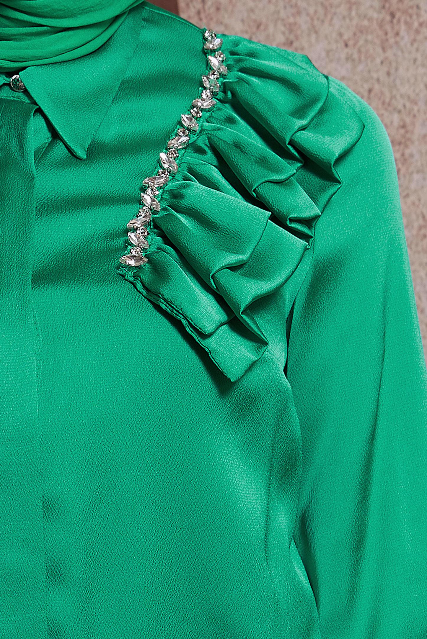 Tesettür giyim YEŞİL FIRFIR DETAYLI SATEN TUNİK 43868