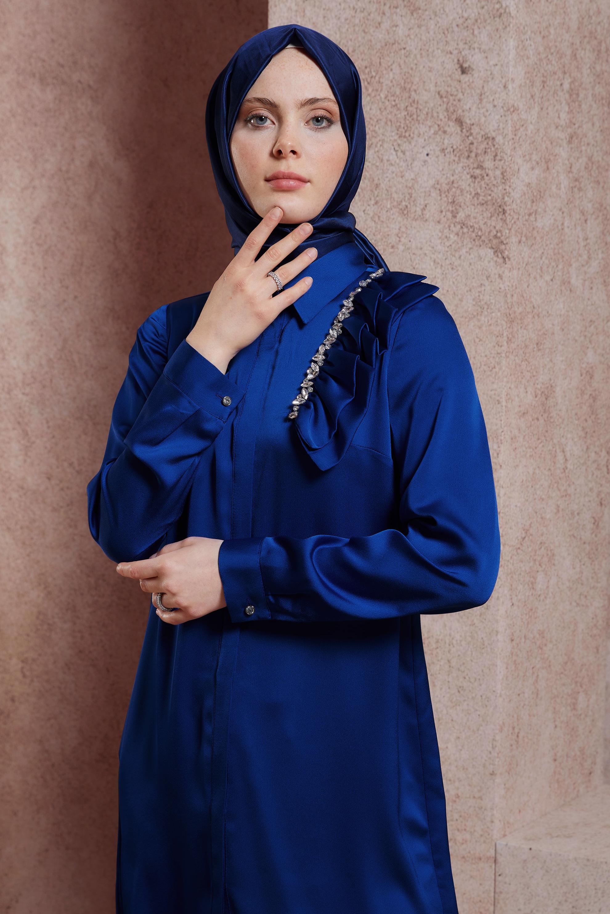 Tesettür giyim LACİVERT FIRFIR DETAYLI SATEN TUNİK 43868