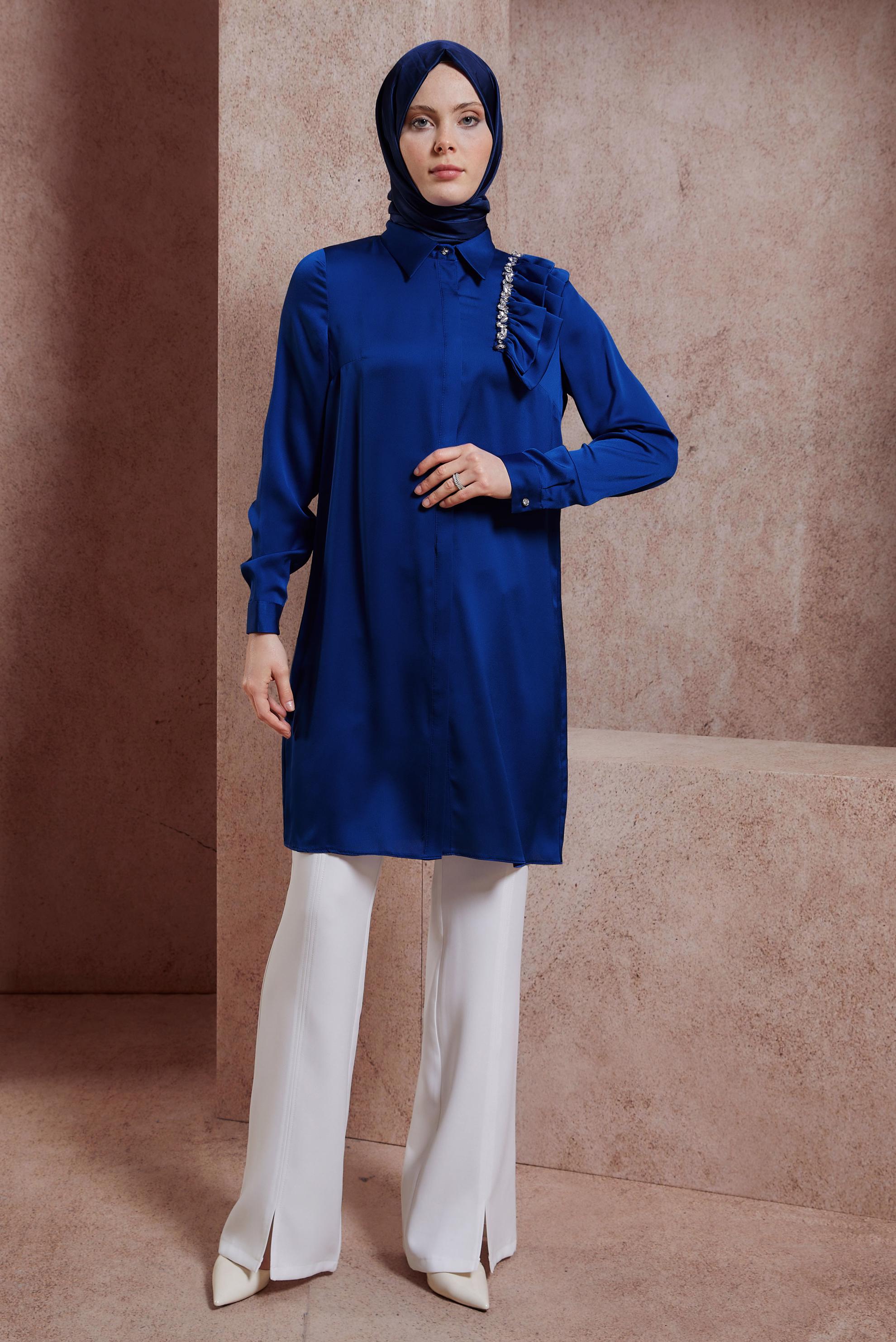 Tesettür giyim LACİVERT FIRFIR DETAYLI SATEN TUNİK 43868