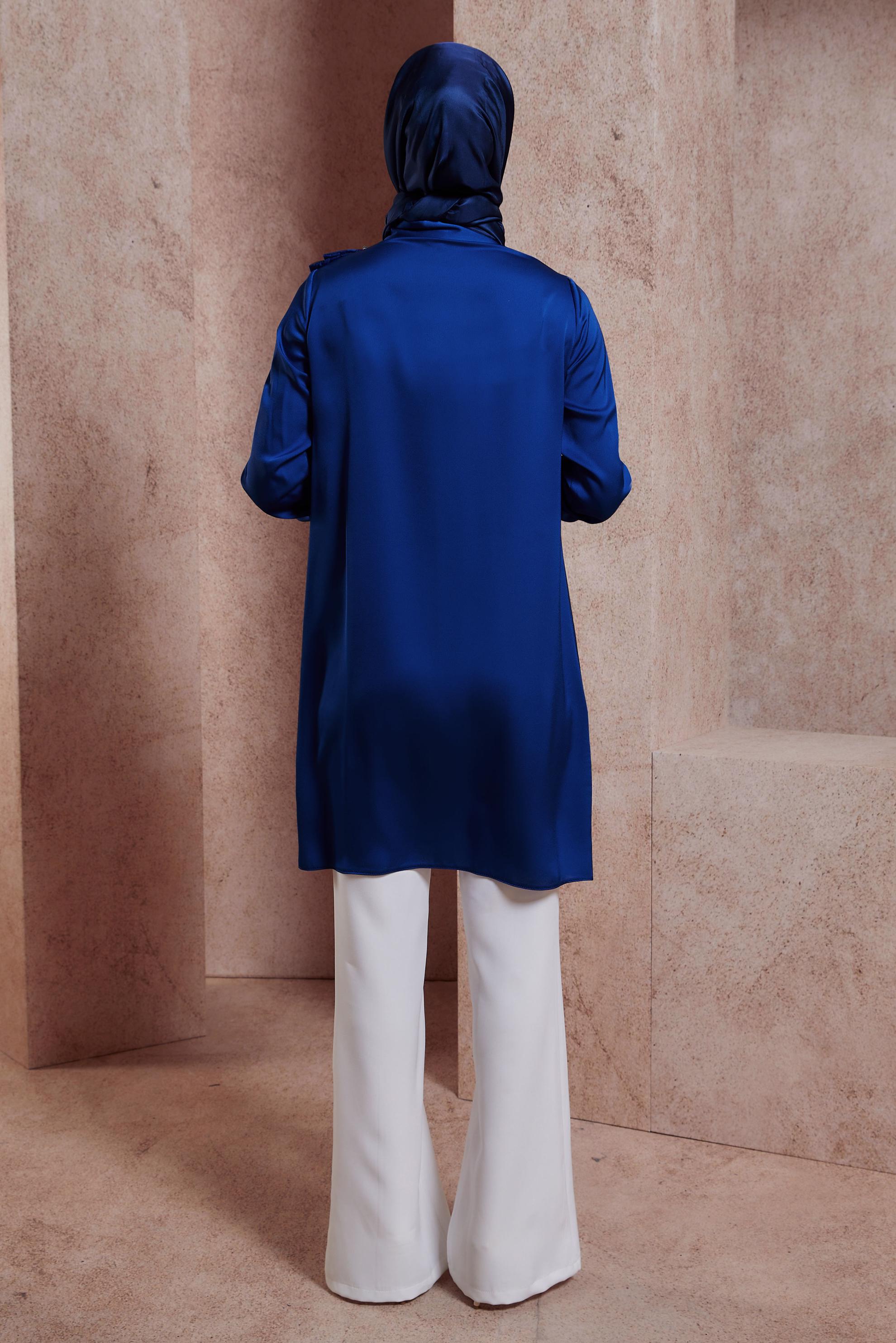 Tesettür giyim LACİVERT FIRFIR DETAYLI SATEN TUNİK 43868