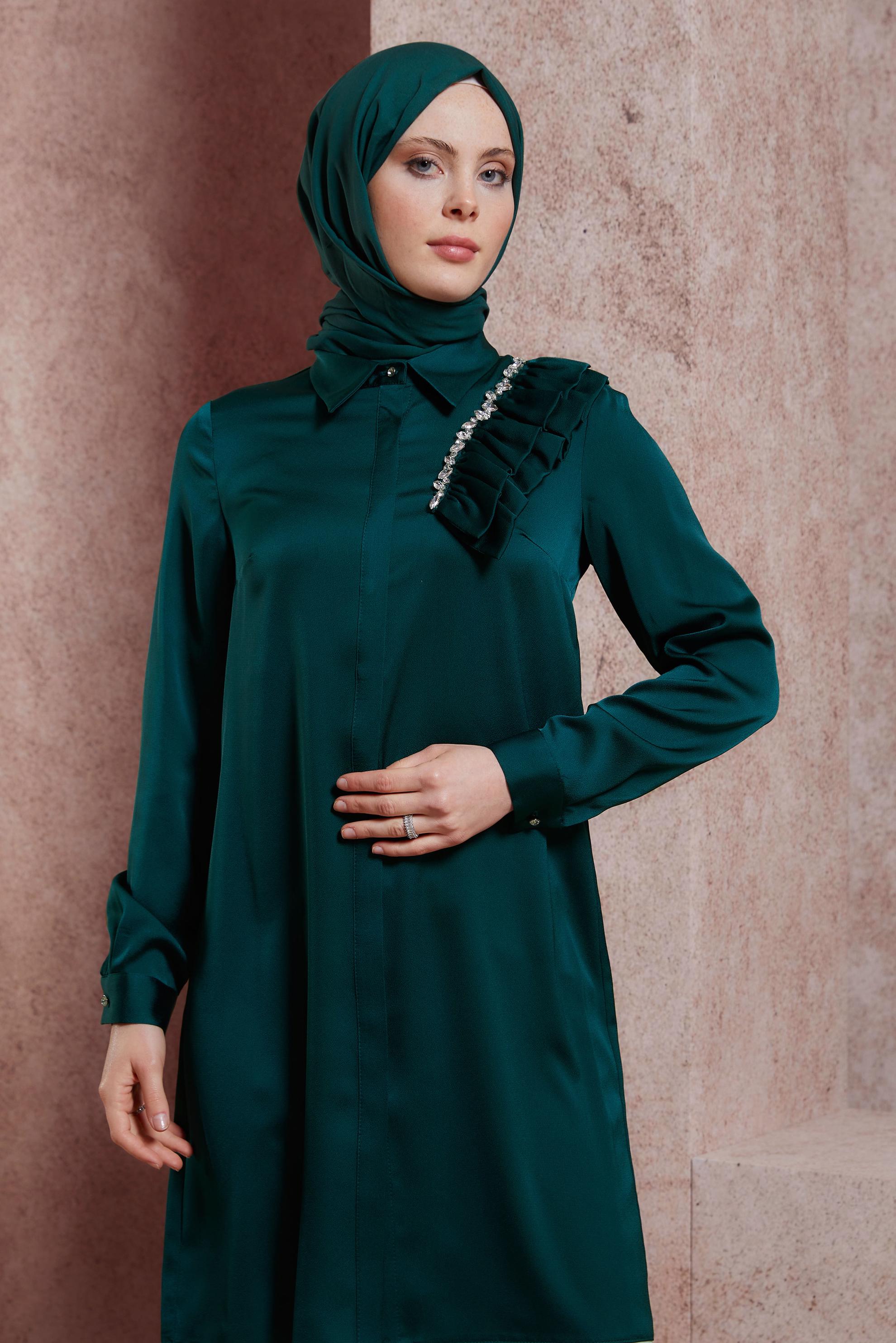 Tesettür giyim YEŞİL FIRFIR DETAYLI SATEN TUNİK 43868