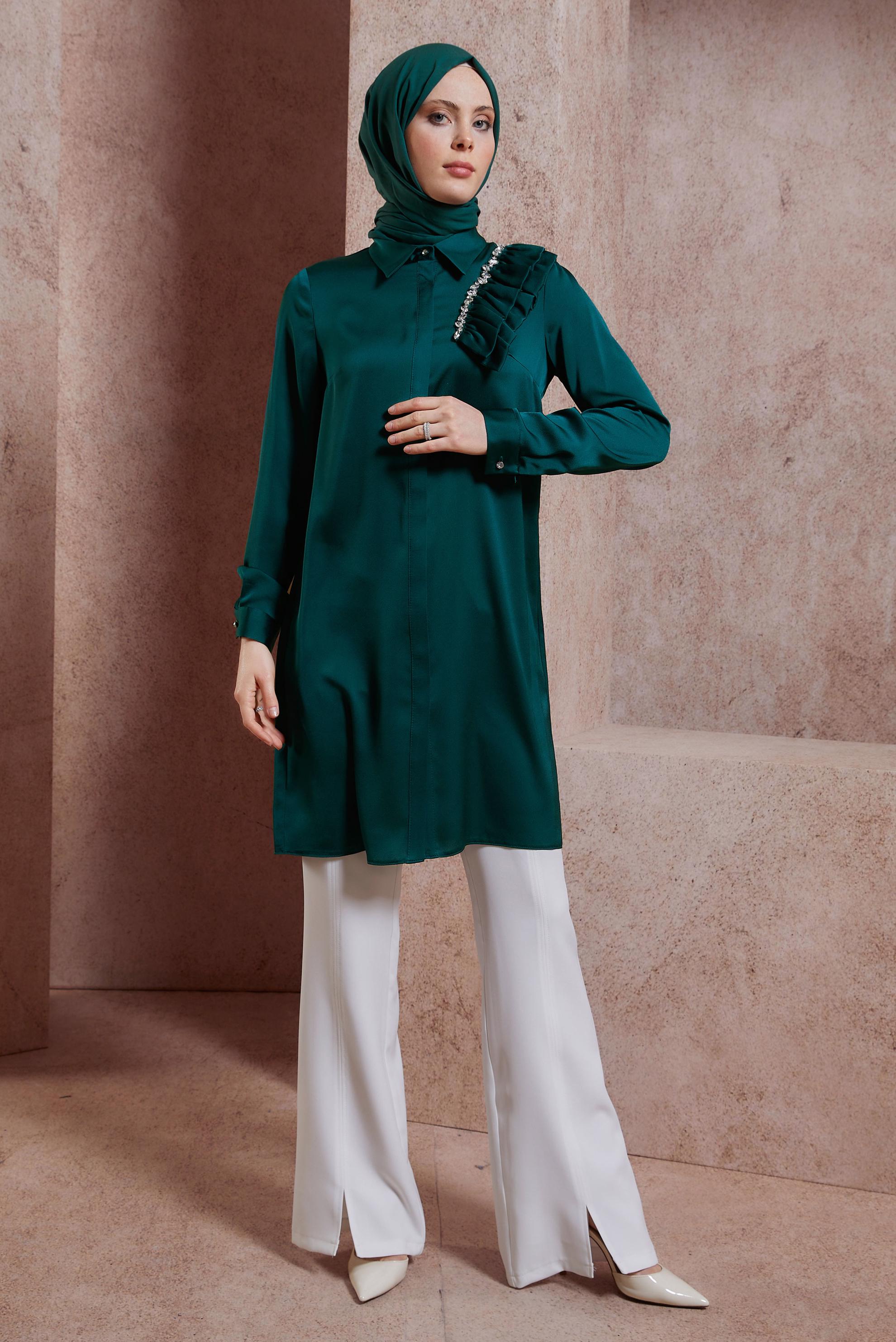 Tesettür giyim YEŞİL FIRFIR DETAYLI SATEN TUNİK 43868