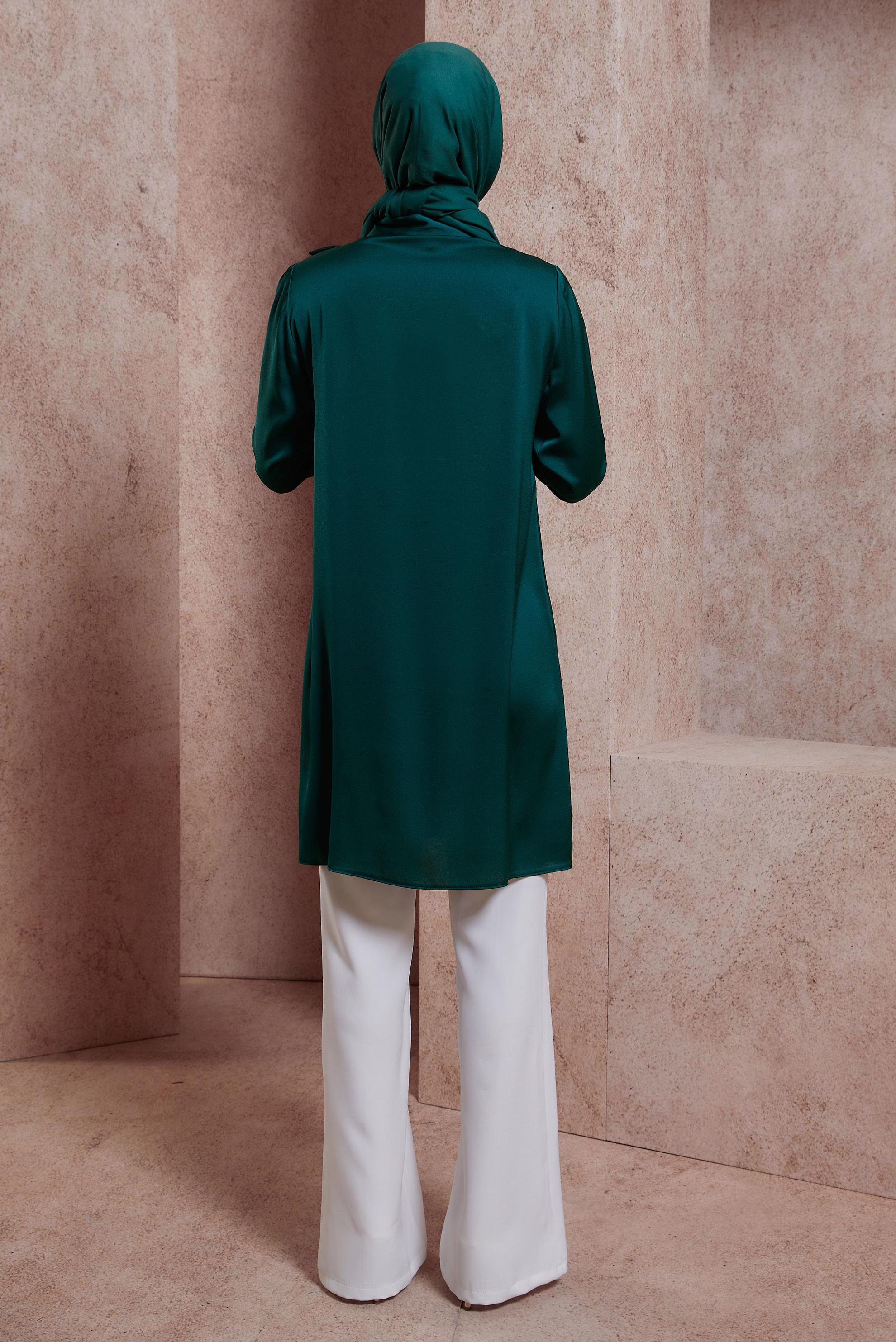 Tesettür giyim YEŞİL FIRFIR DETAYLI SATEN TUNİK 43868