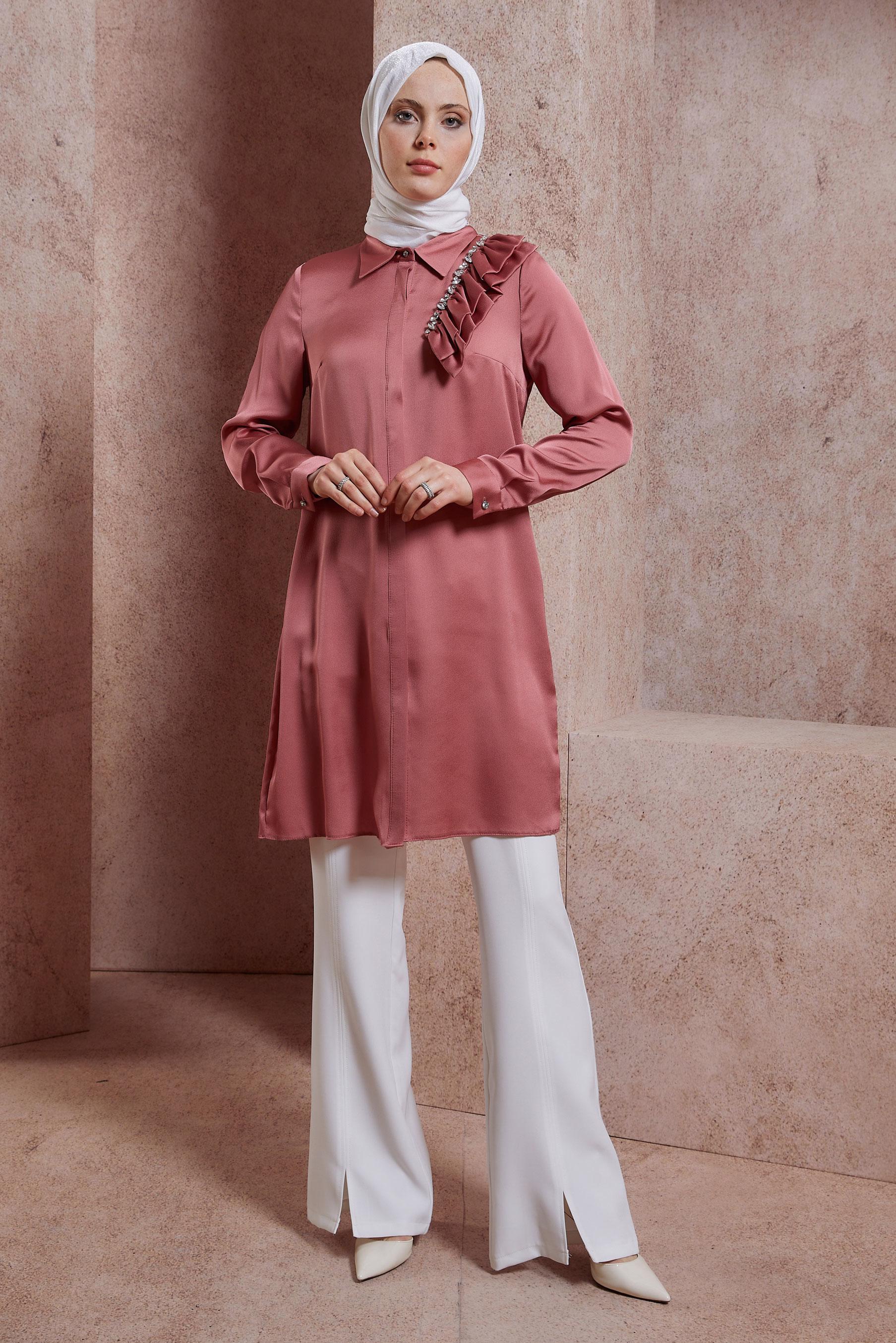 Tesettür giyim PEMBE FIRFIR DETAYLI SATEN TUNİK 43868