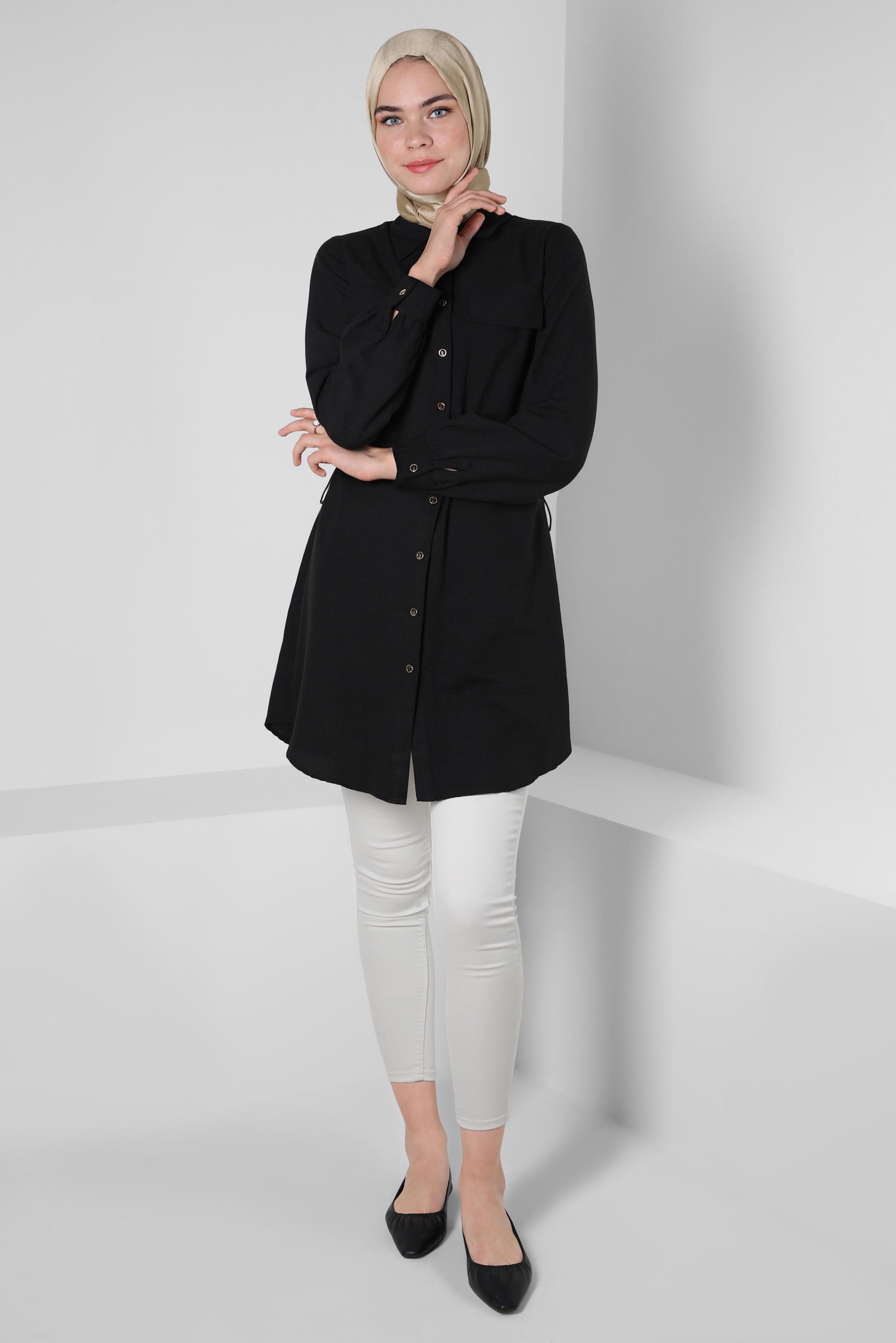 Tesettür giyim SİYAH BELİ BÜZGÜLÜ DÜĞMELİ TUNİK 43890