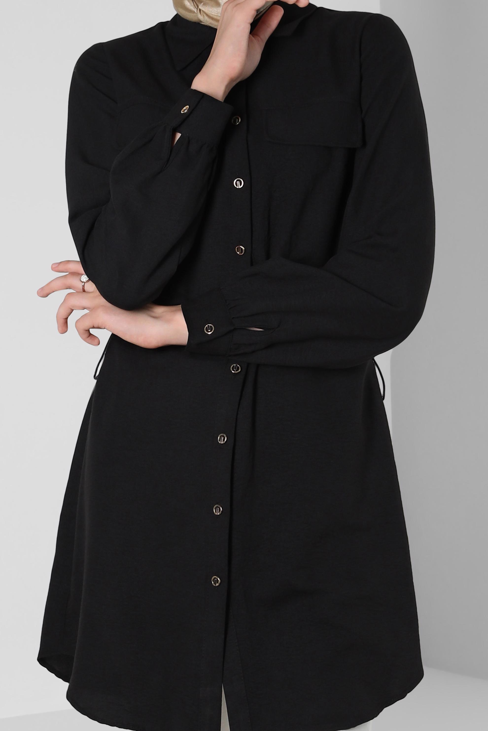 Tesettür giyim SİYAH BELİ BÜZGÜLÜ DÜĞMELİ TUNİK 43890