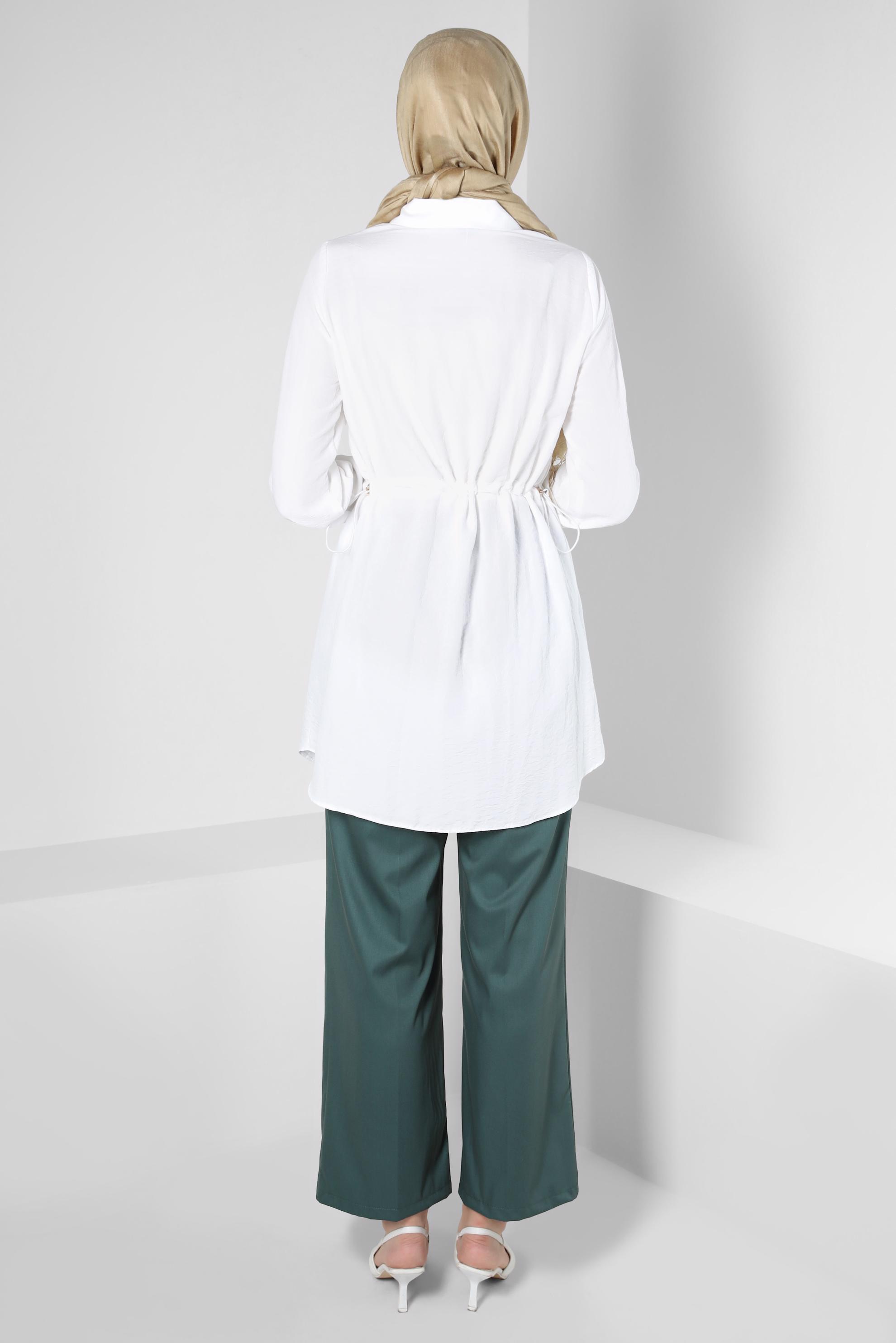 Tesettür giyim BEYAZ BELİ BÜZGÜLÜ DÜĞMELİ TUNİK 43890