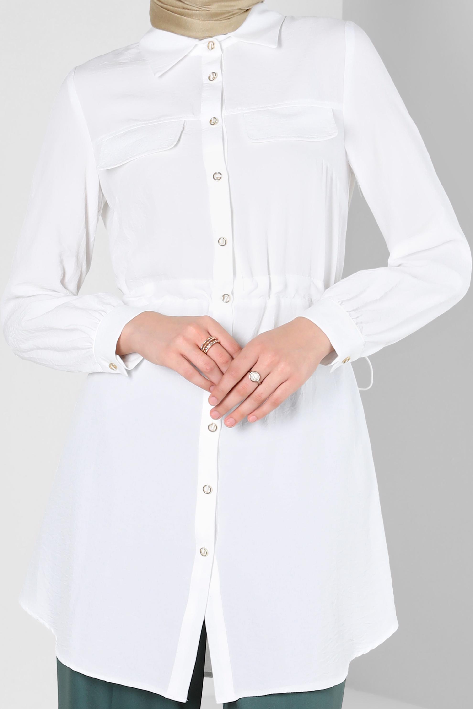 Tesettür giyim BEYAZ BELİ BÜZGÜLÜ DÜĞMELİ TUNİK 43890