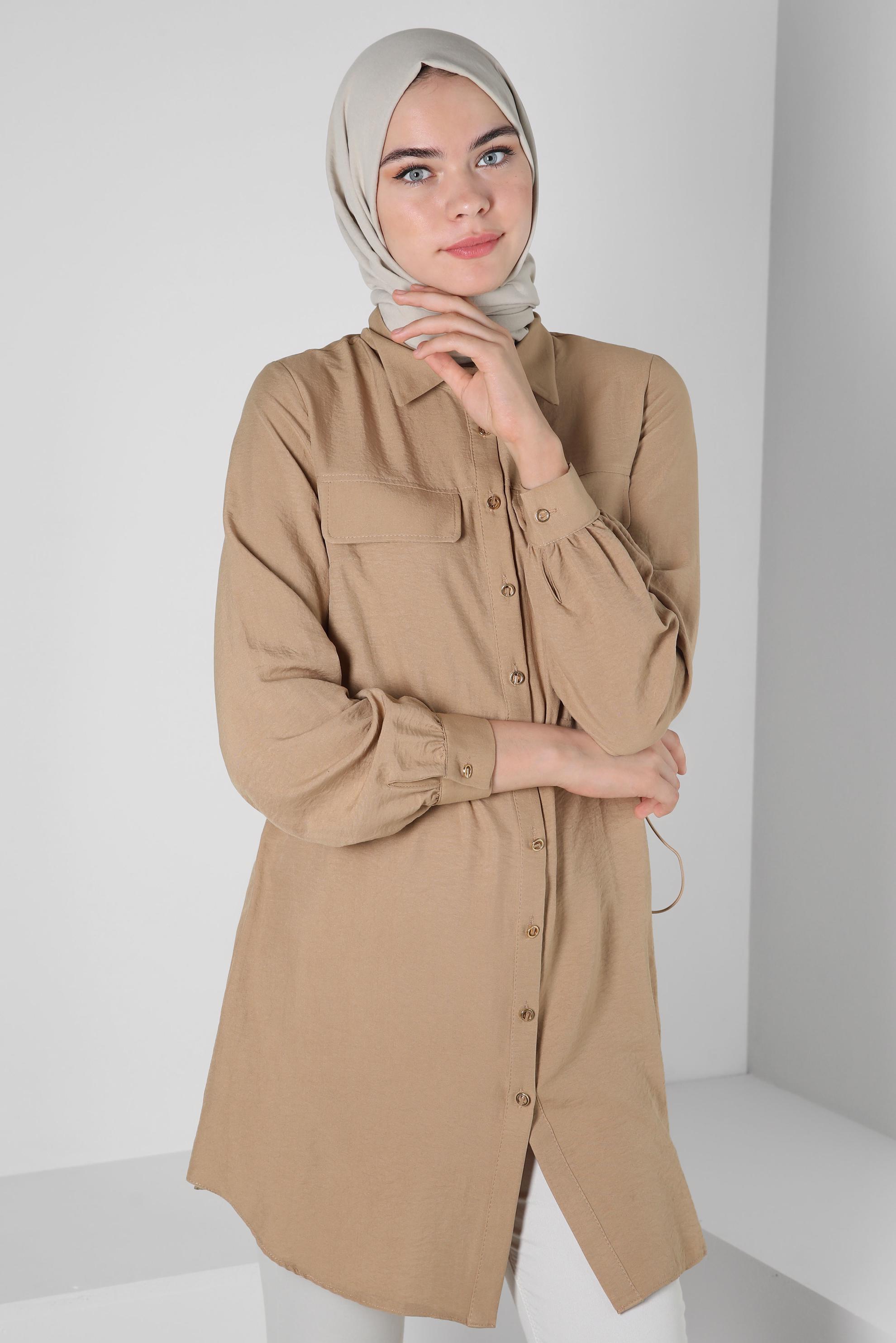 Tesettür giyim KAHVE BELİ BÜZGÜLÜ DÜĞMELİ TUNİK 43890