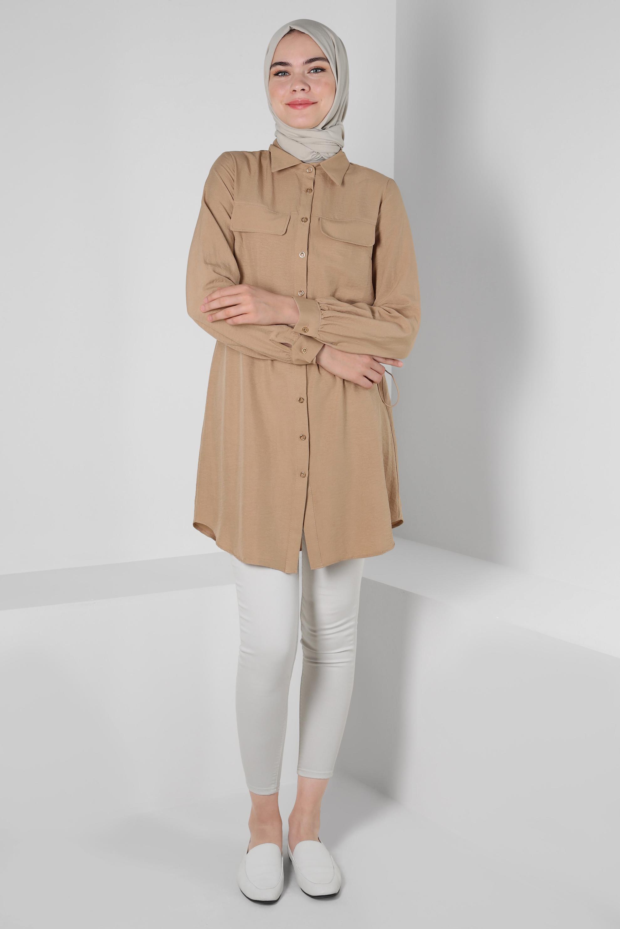 Tesettür giyim KAHVE BELİ BÜZGÜLÜ DÜĞMELİ TUNİK 43890