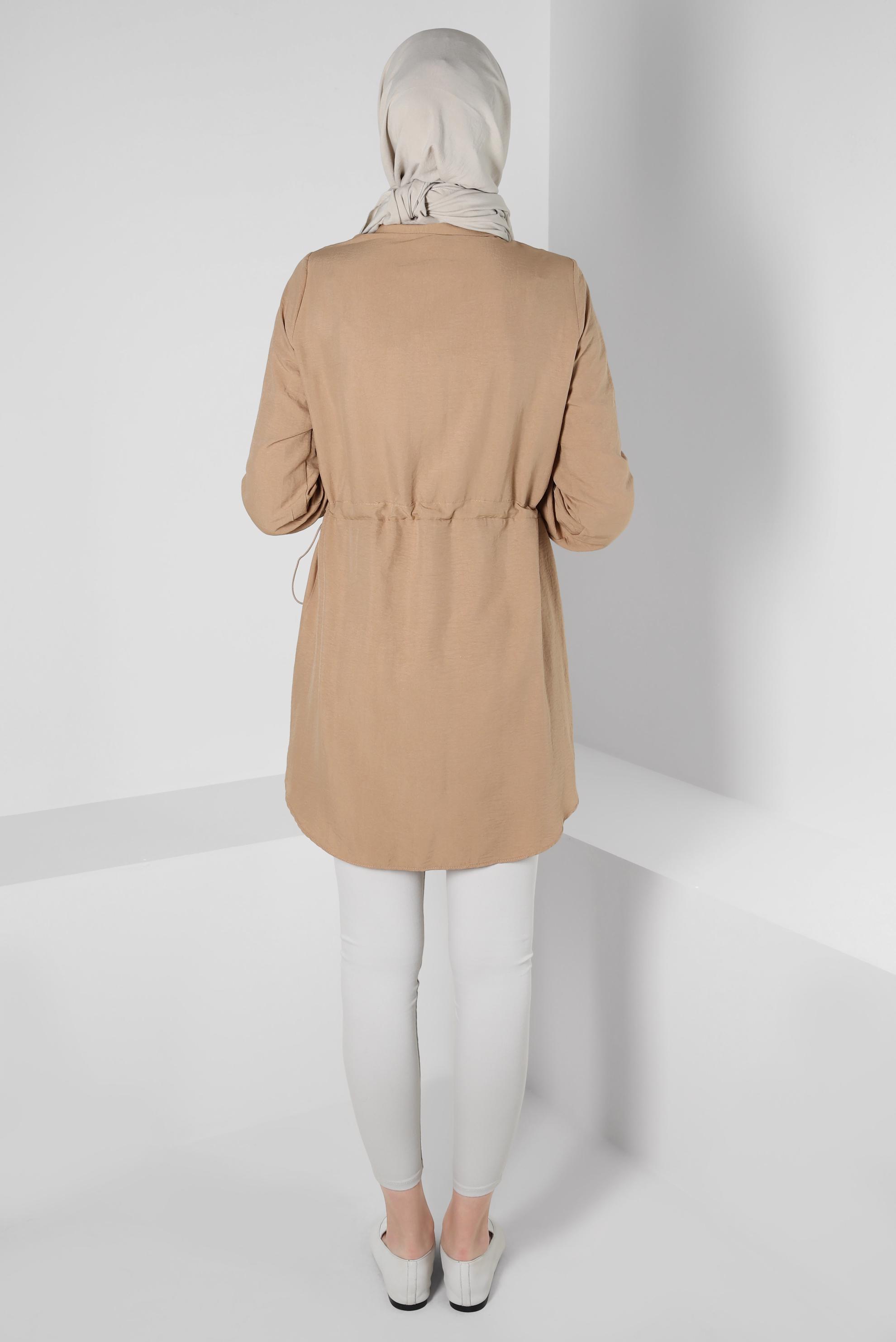 Tesettür giyim KAHVE BELİ BÜZGÜLÜ DÜĞMELİ TUNİK 43890