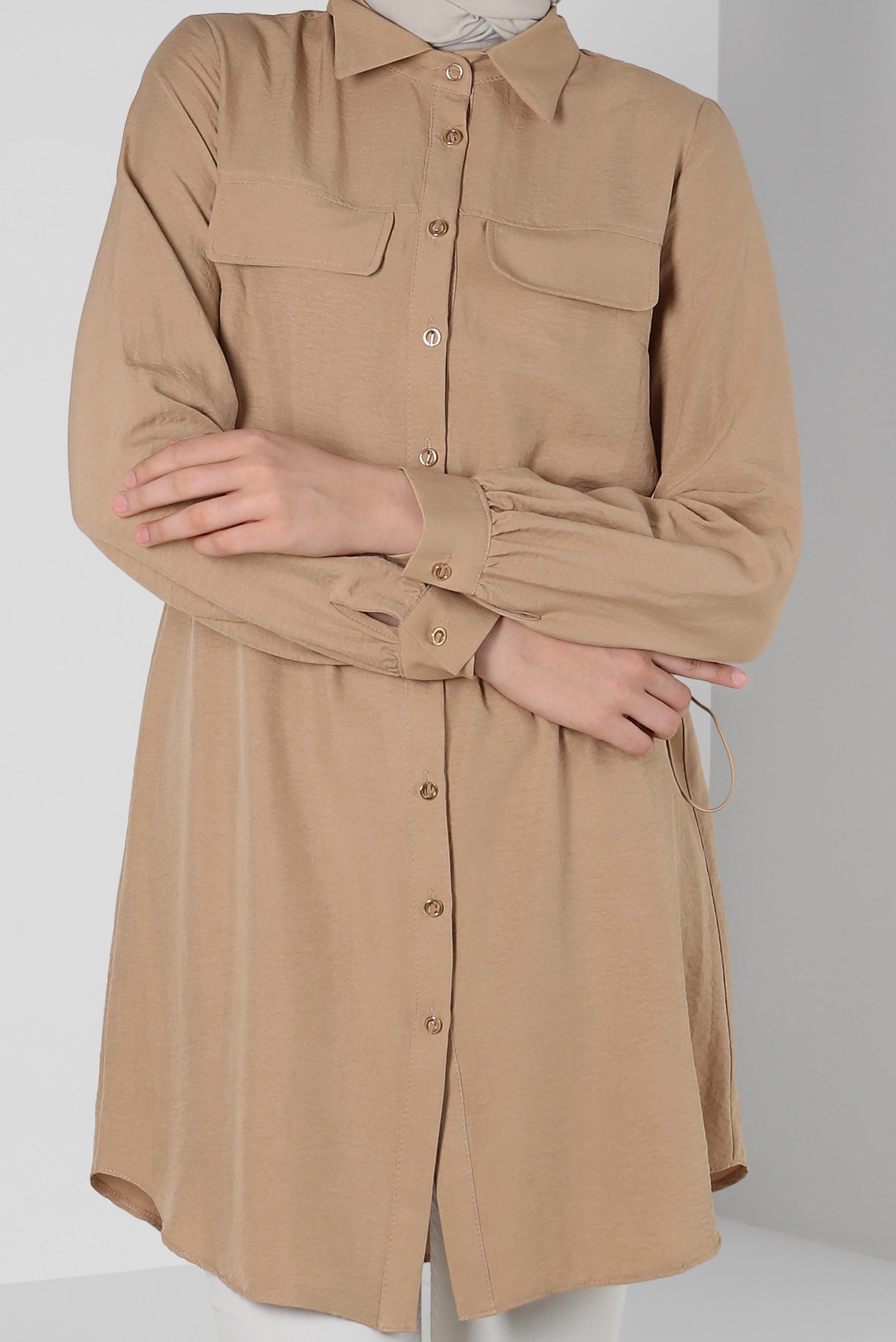 Tesettür giyim KAHVE BELİ BÜZGÜLÜ DÜĞMELİ TUNİK 43890