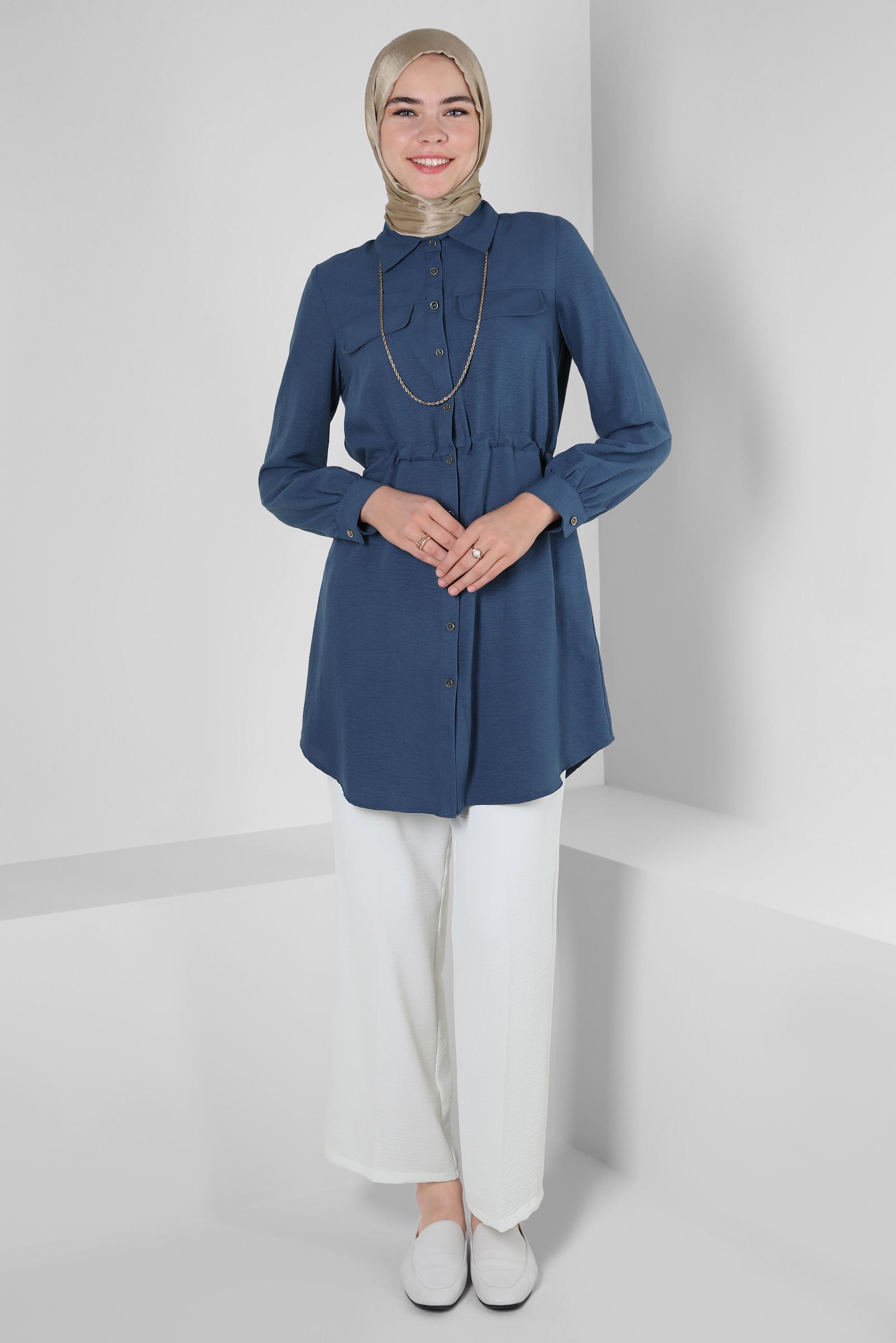 Tesettür giyim LACİVERT BELİ BÜZGÜLÜ DÜĞMELİ TUNİK 43890