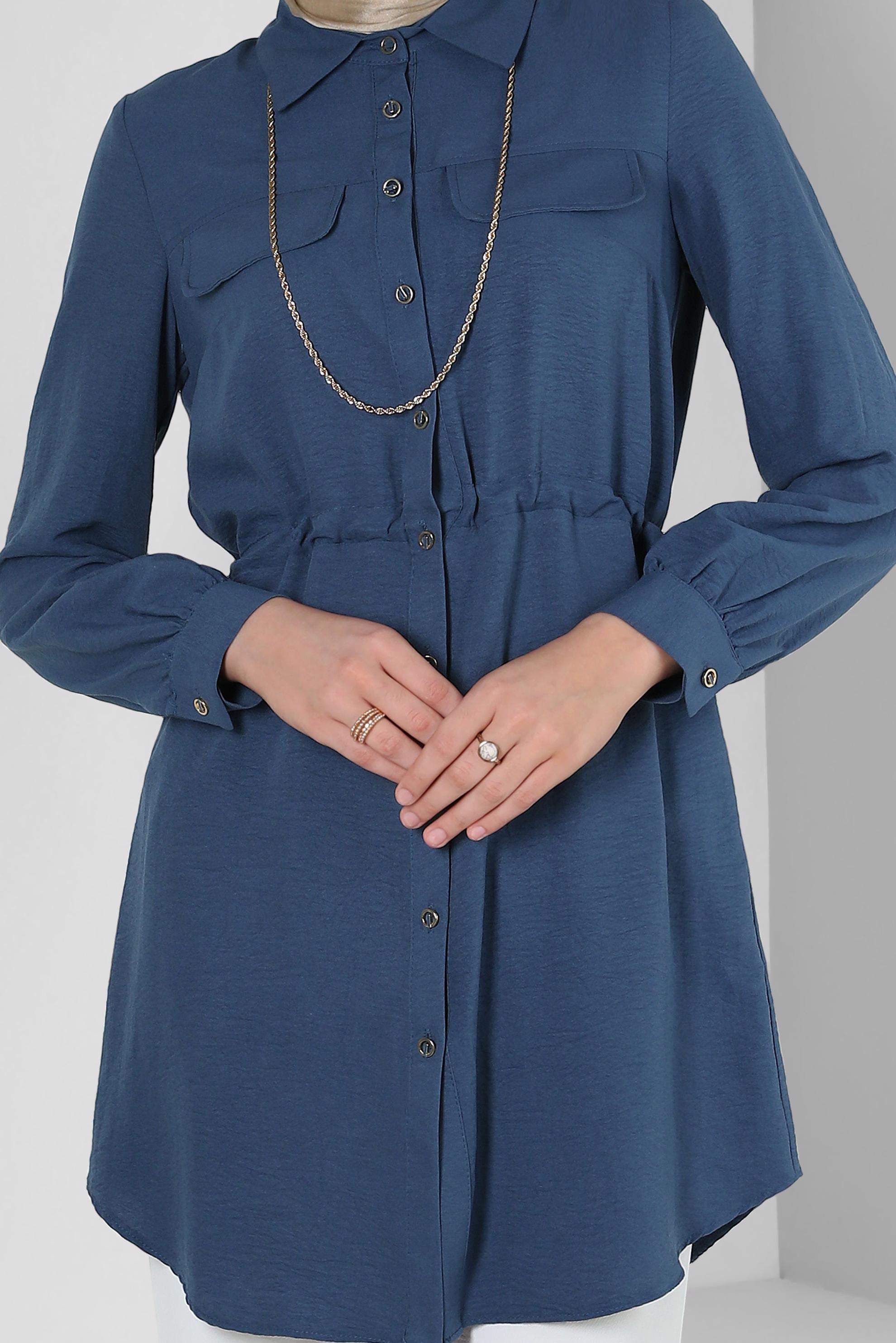 Tesettür giyim LACİVERT BELİ BÜZGÜLÜ DÜĞMELİ TUNİK 43890