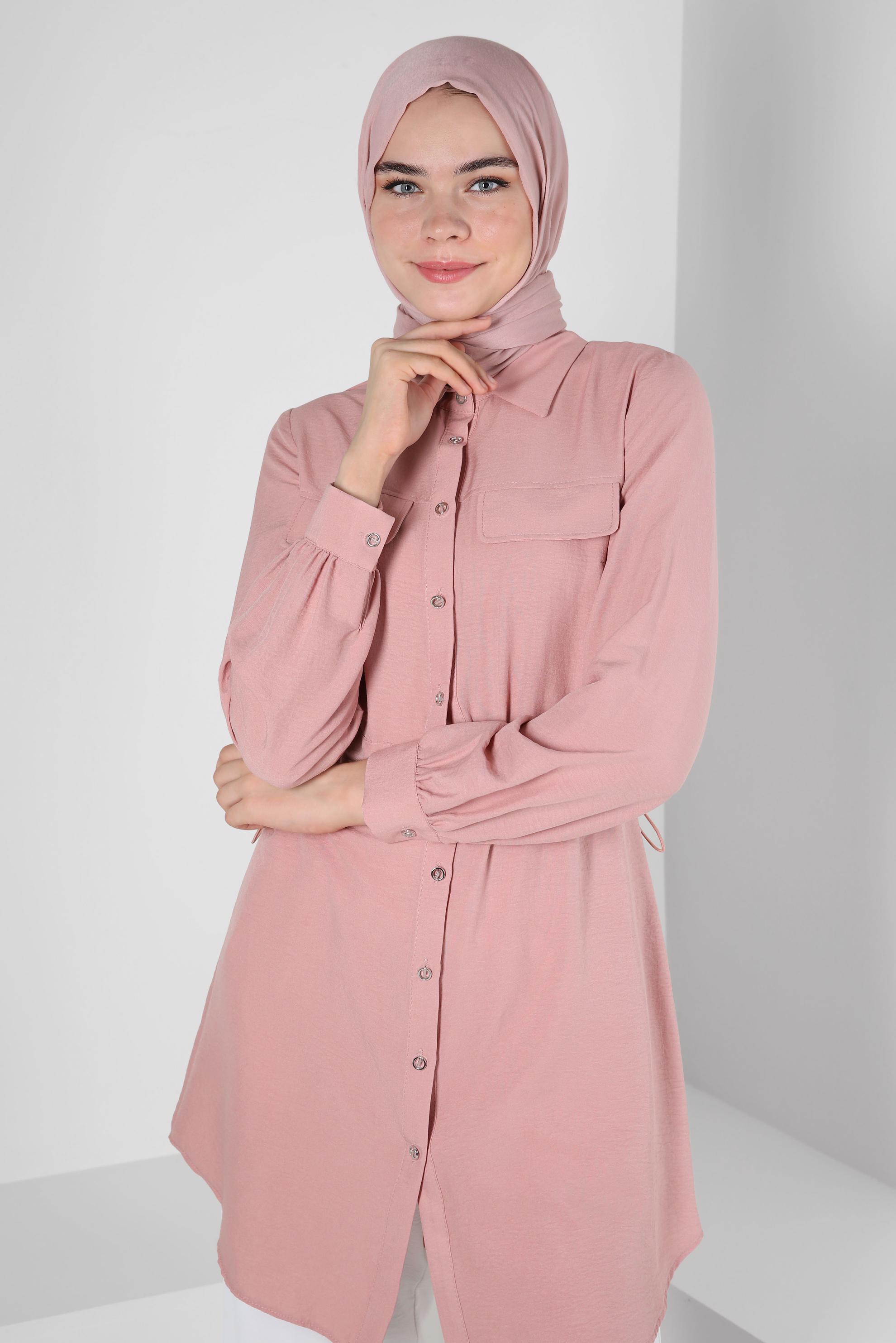 Tesettür giyim PUDRA BELİ BÜZGÜLÜ DÜĞMELİ TUNİK 43890