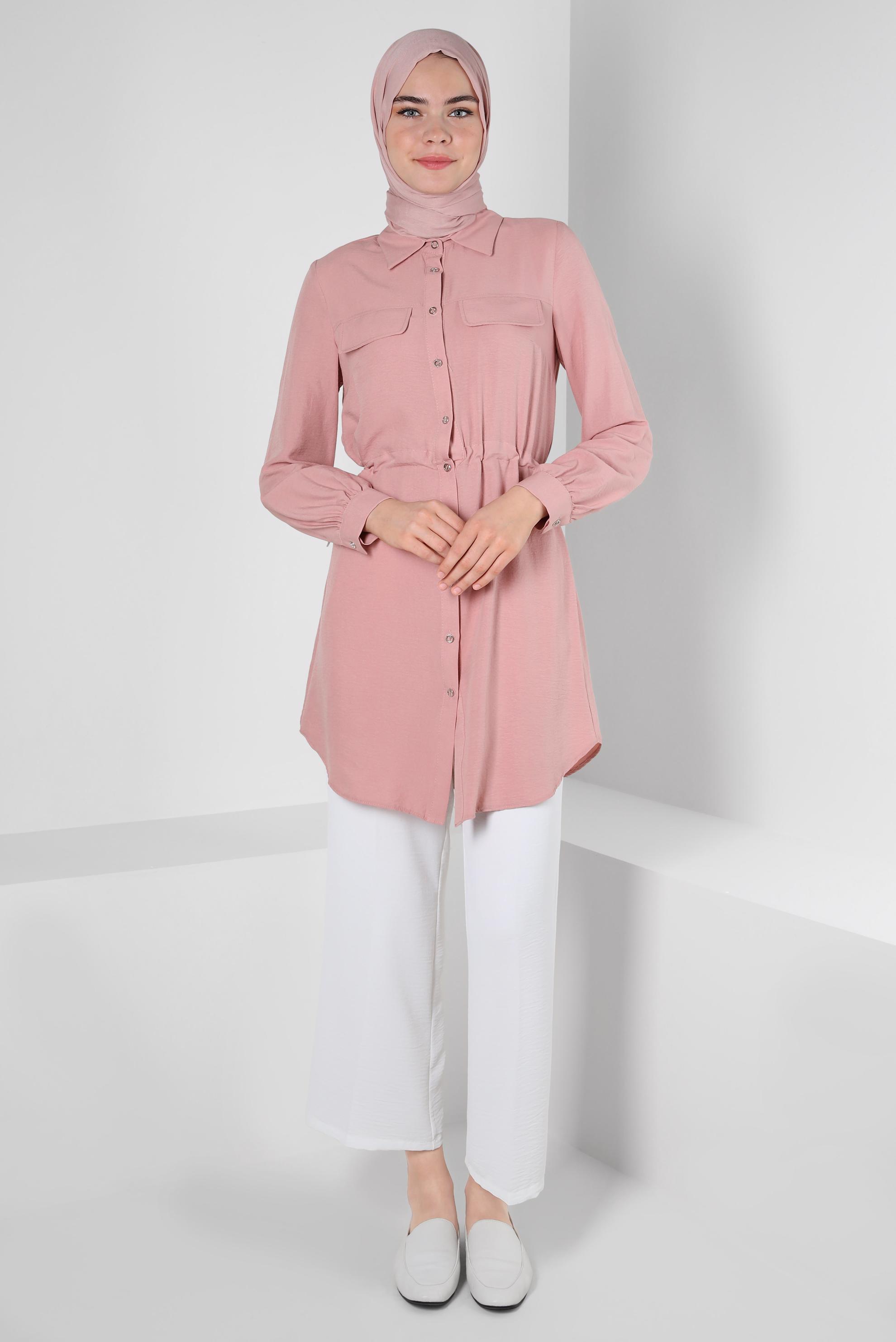 Tesettür giyim PUDRA BELİ BÜZGÜLÜ DÜĞMELİ TUNİK 43890