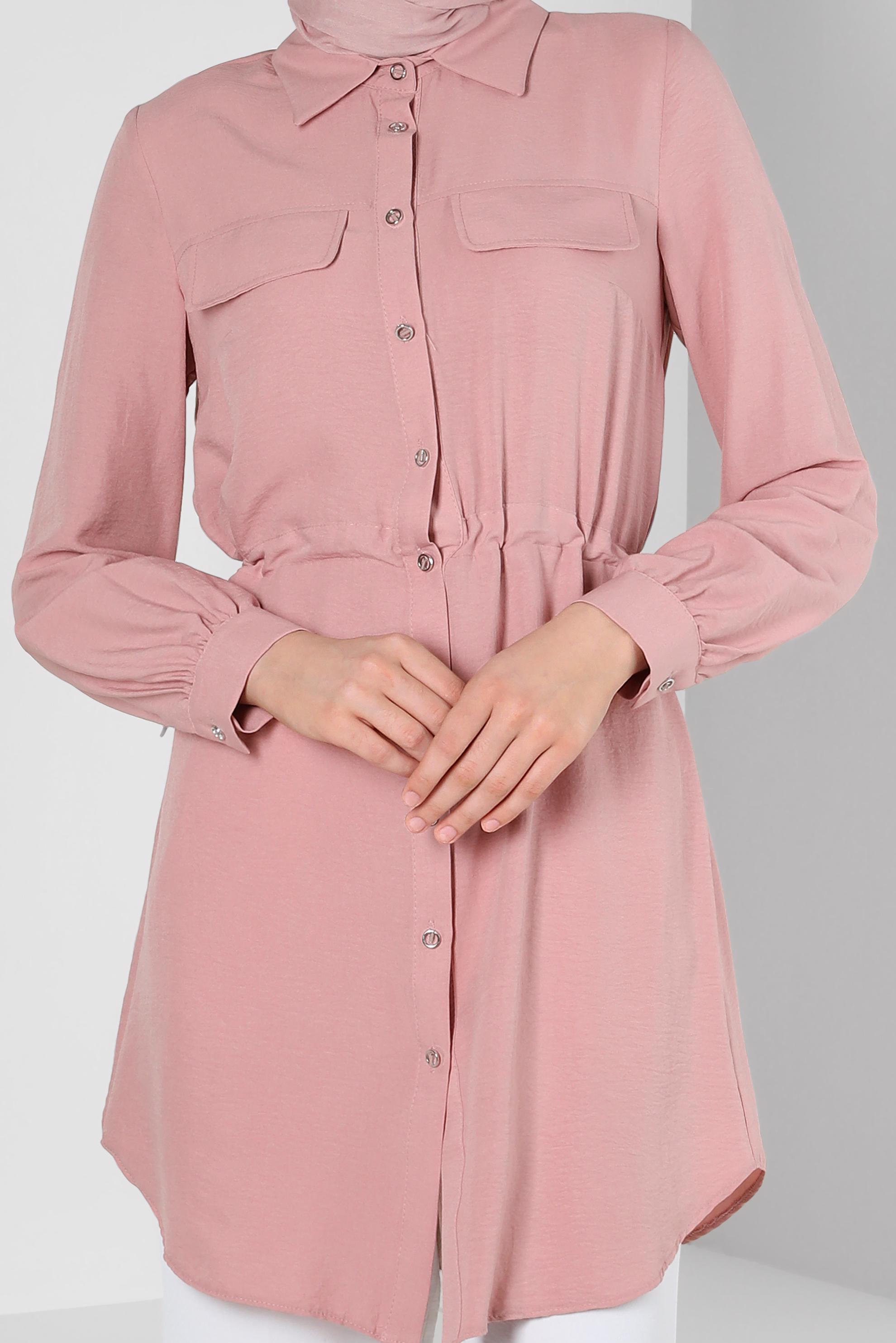 Tesettür giyim PUDRA BELİ BÜZGÜLÜ DÜĞMELİ TUNİK 43890